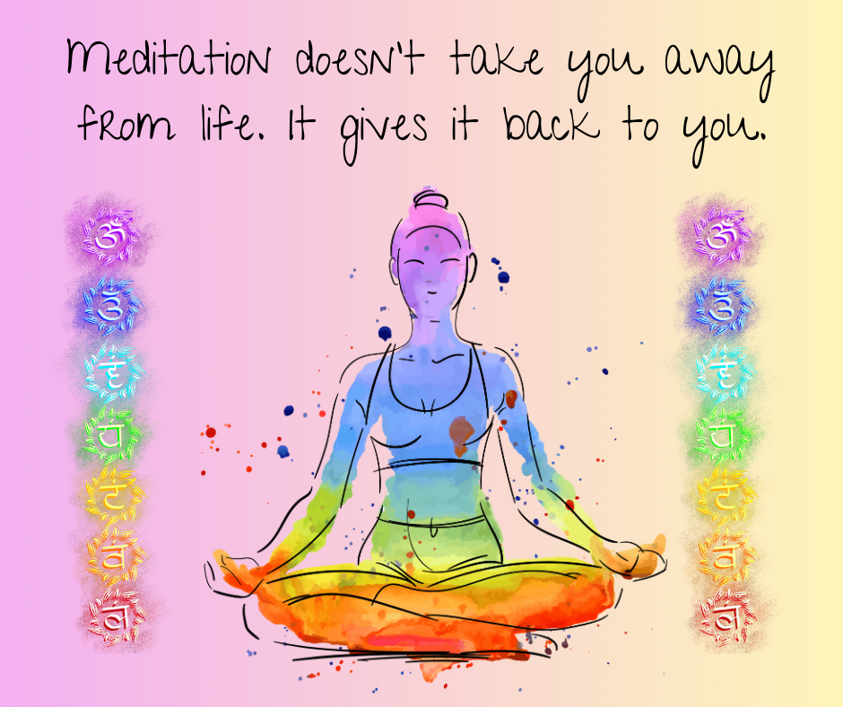 graphic, pastel coloured hand-drawn woman in meditation with chakras symbols on either side and text overlay