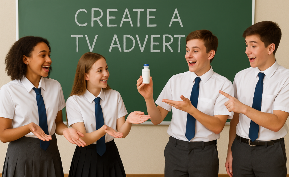 4 students showcasing a small bottle as if they were a TV advert