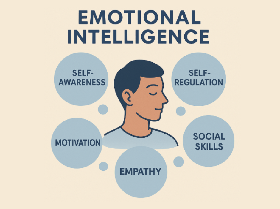 Image of a head and shoulders surrounded by the 5 aspects of emotional intelligence: self-awareness, self-regulation, motivation, empathy and social skills