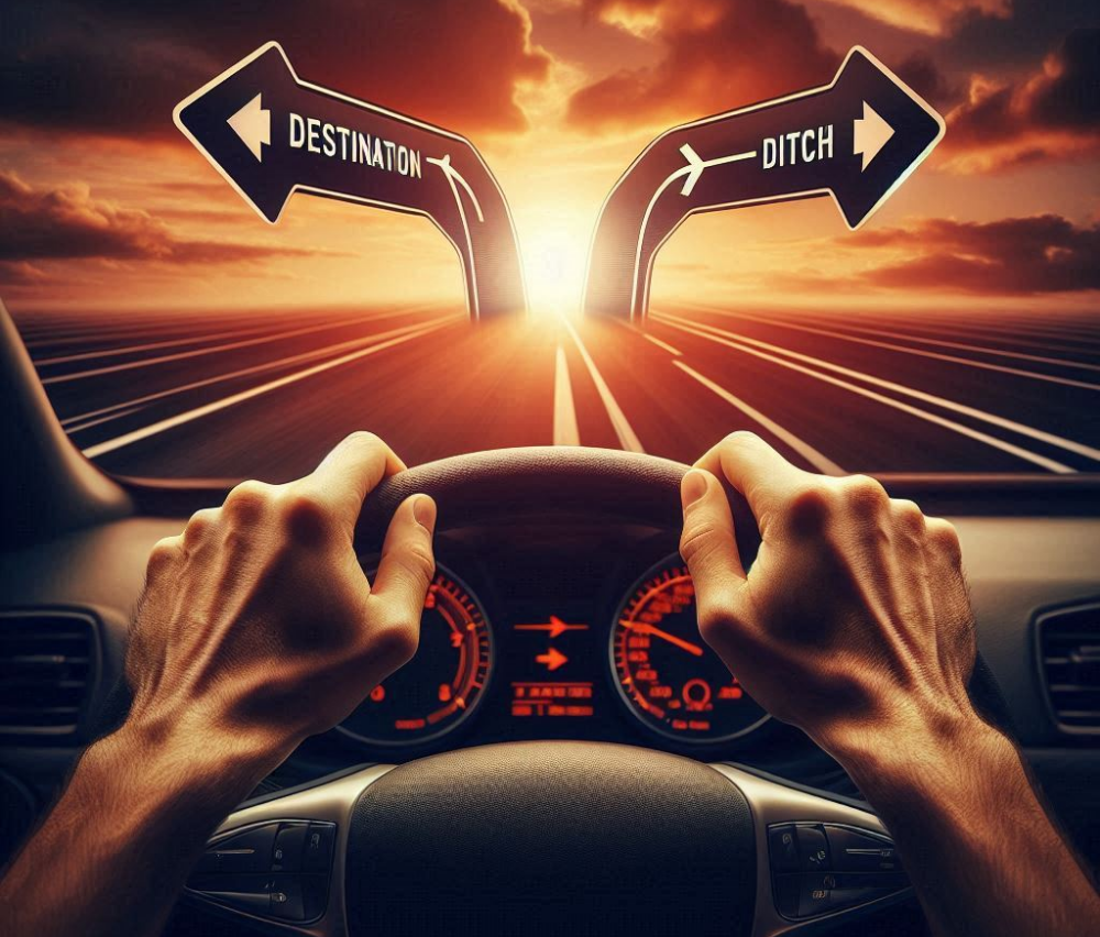hands on a steering wheel heading towards either a destination or a ditch