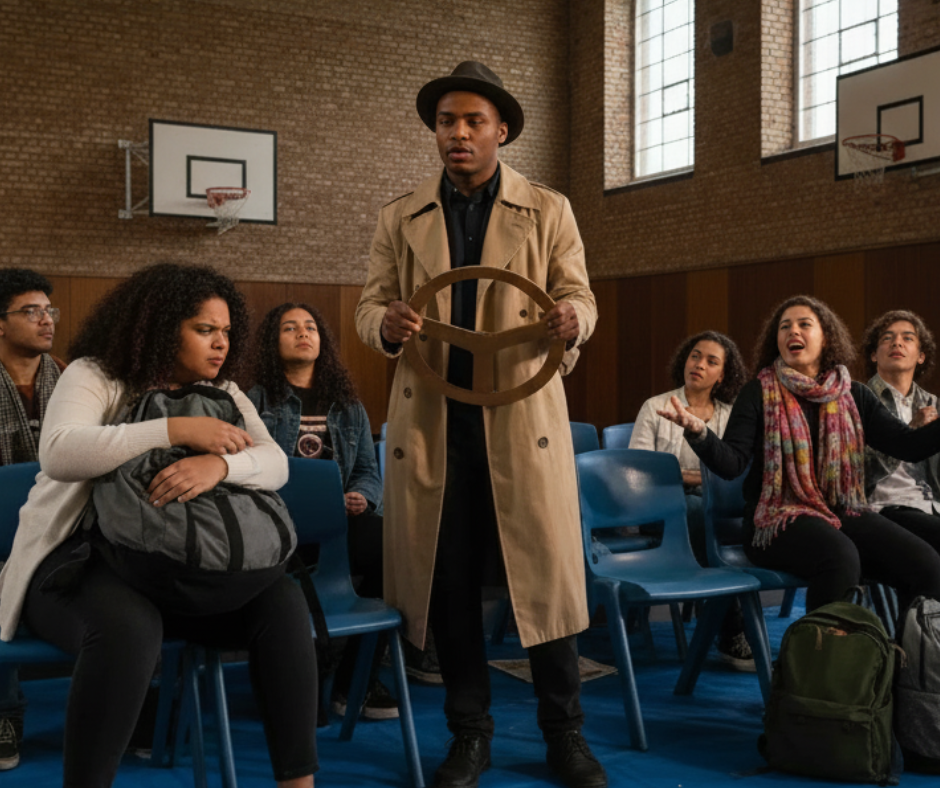 A group of teenagers improvising a scene on a bus using simple props as an example of devising drama