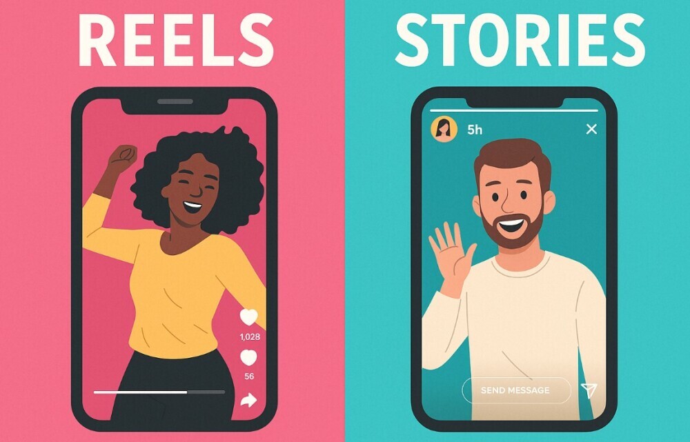 A graphic showing a image of a Facebook Reel and a Facebook Story in graphic form