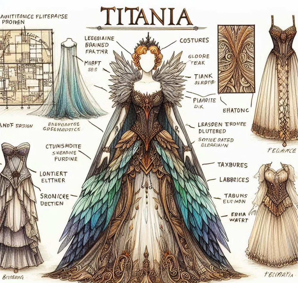 A hand-drawn costume design for Titania
