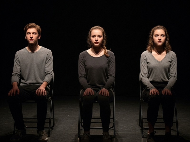 An example of AI in drama education - an image of 3 students sat on chairs on stage facing out to the audience