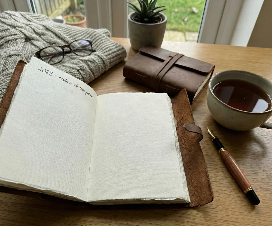 A journal open on a desk with the words "2025 - review of the year" to represent setting goals for the new year