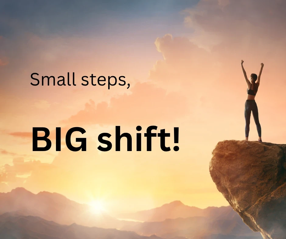 A woman at the top of a mountain looking at a sunset with the text overlay 