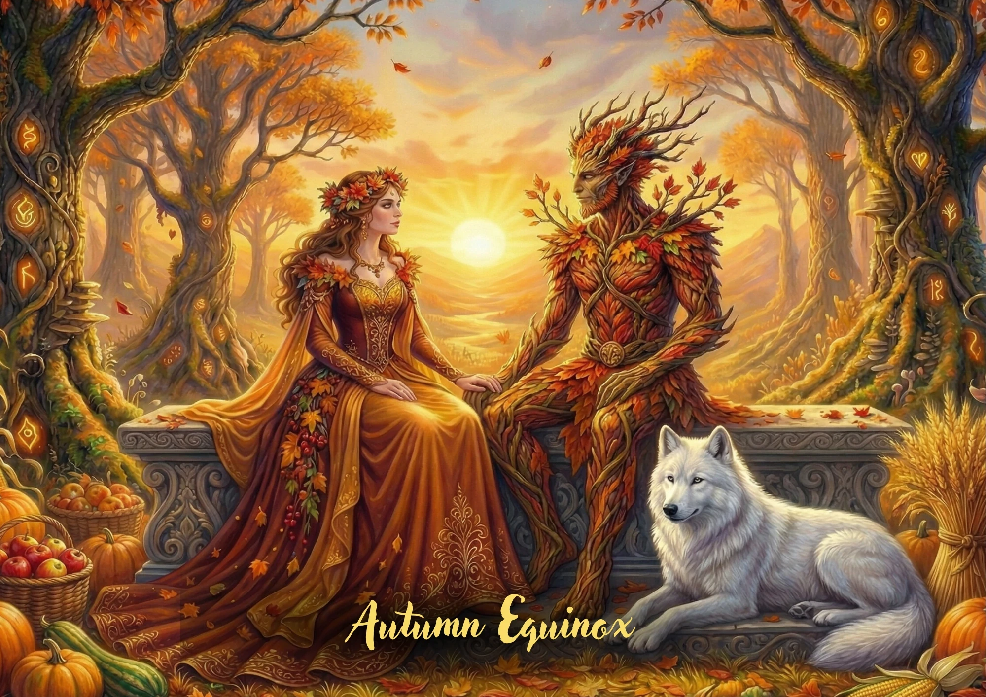 Autumn Equinox fantasy artwork of a woman and tree spirit seated together in an autumn forest with a white wolf at sunset