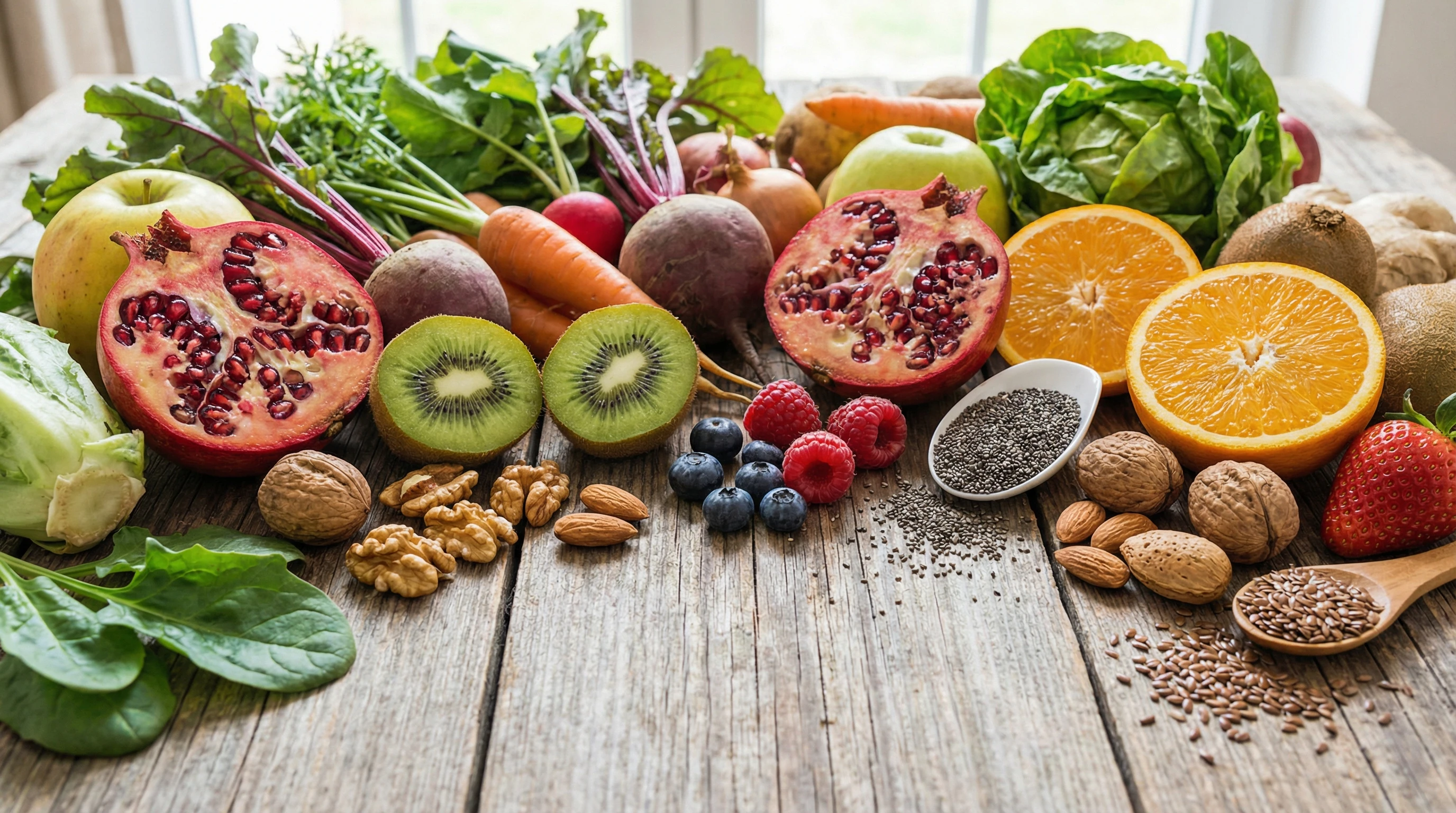 A close-up of a colorful assortment of fresh fruits and vegetables, nuts, and seeds spread on a rustic wooden table. Some fruit halves are shown with clearly visible textures, highlighting the importance of wholesome, chewable foods for digestive health.