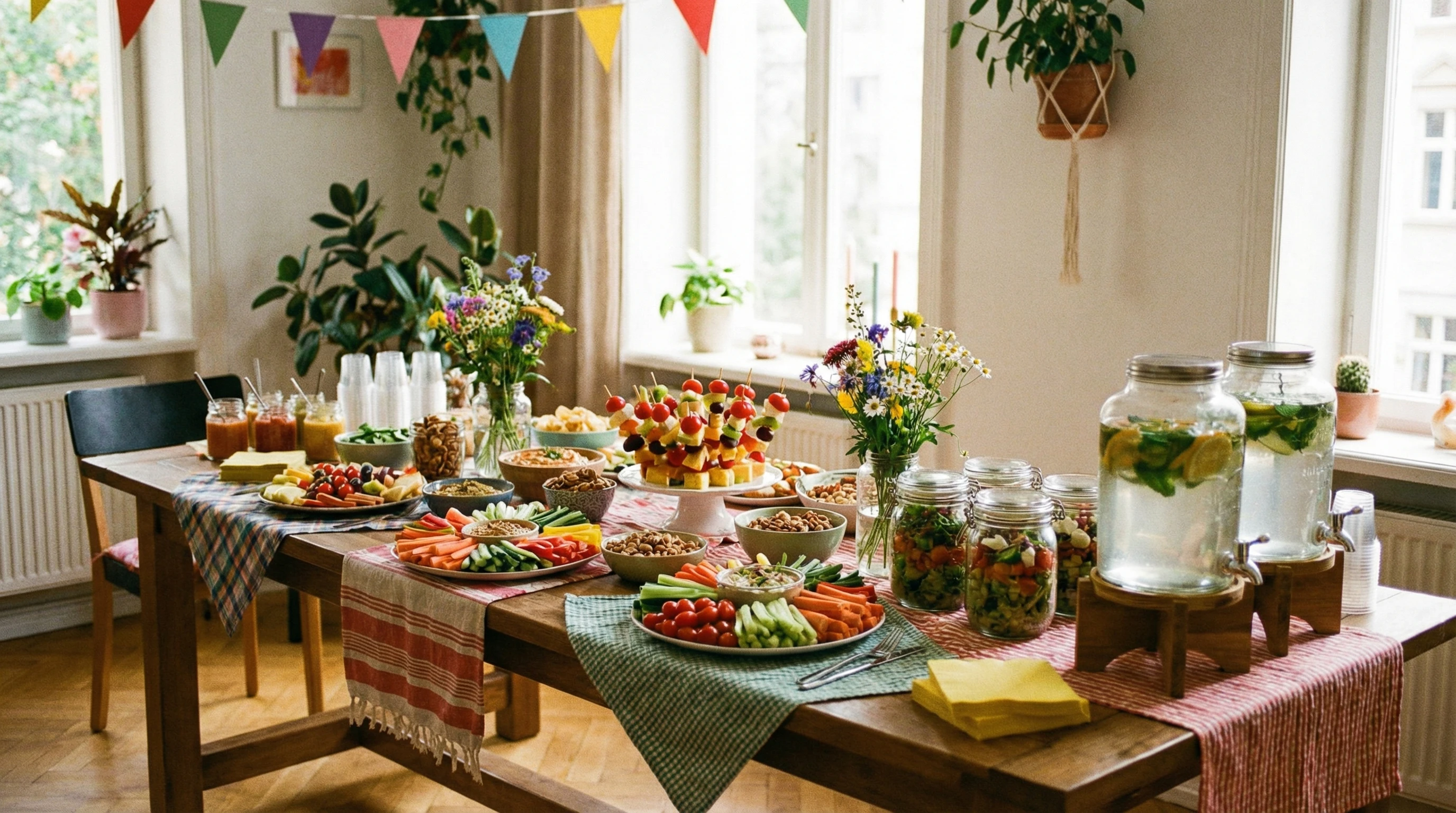 A colorful table filled with healthy snacks and drinks at a social event indoors.