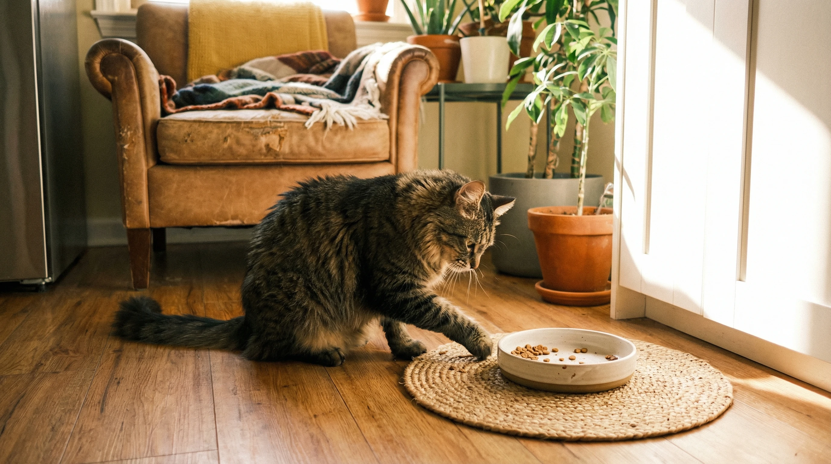 Cat scratching near its food bowl.