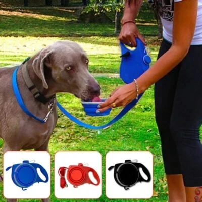 Integrated dog leash with water bottle and collapsible bowl