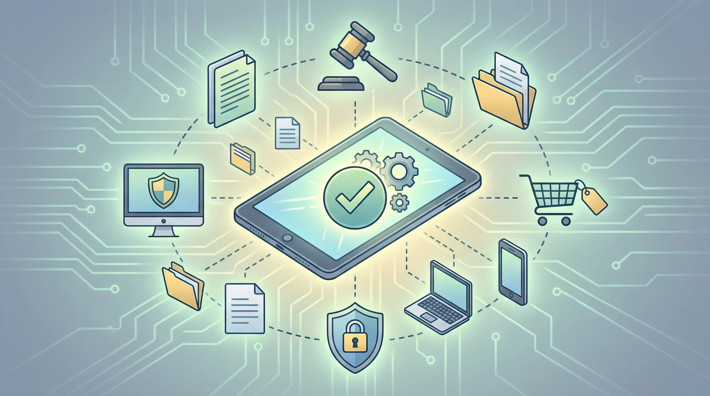 Understand Affiliate Marketing Regulations 2 Illustration of digital compliance in affiliate marketing, featuring icons of laws, disclosures, and online shopping platforms