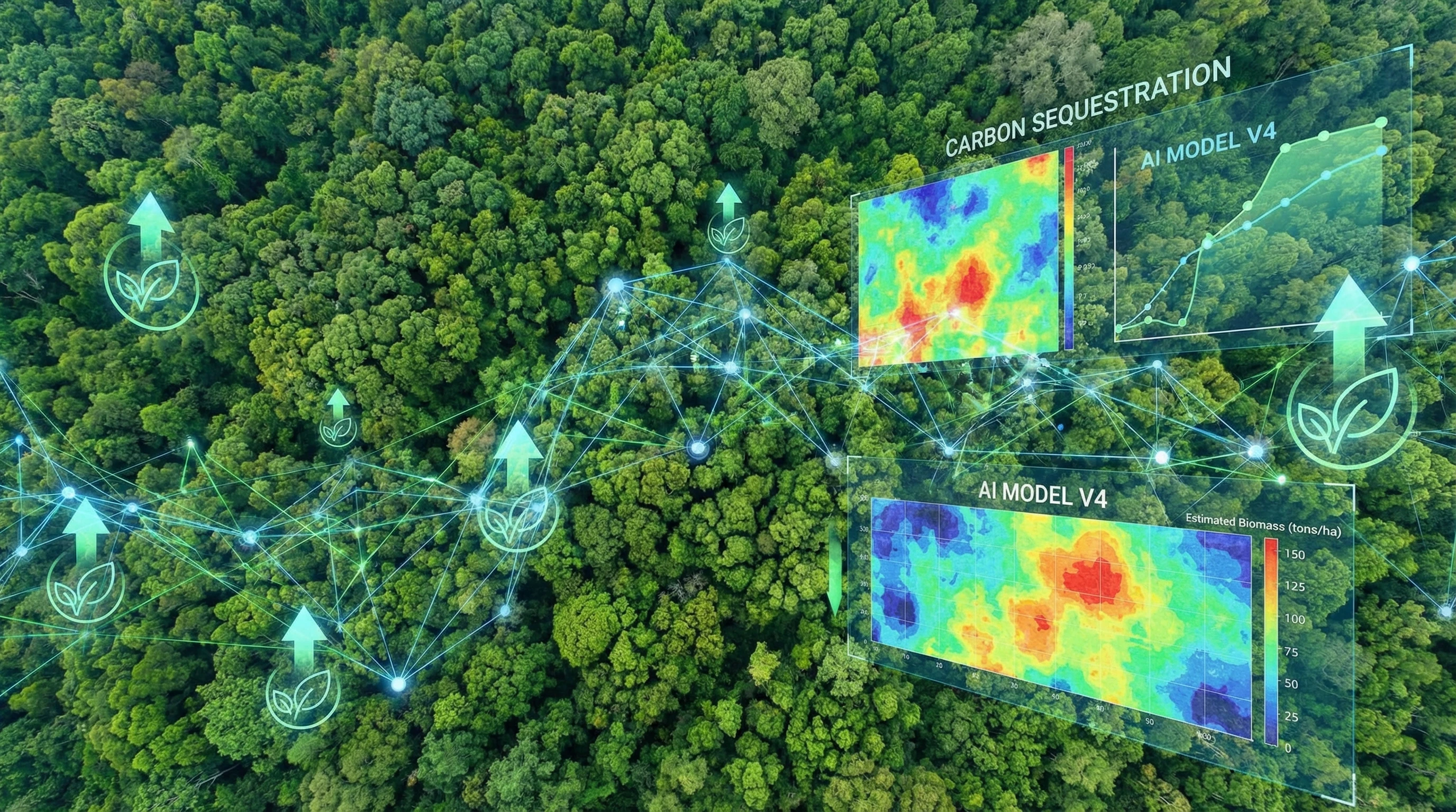 AI And Carbon Sequestration Aerial view of a forest with digital data overlays representing carbon capture analysis