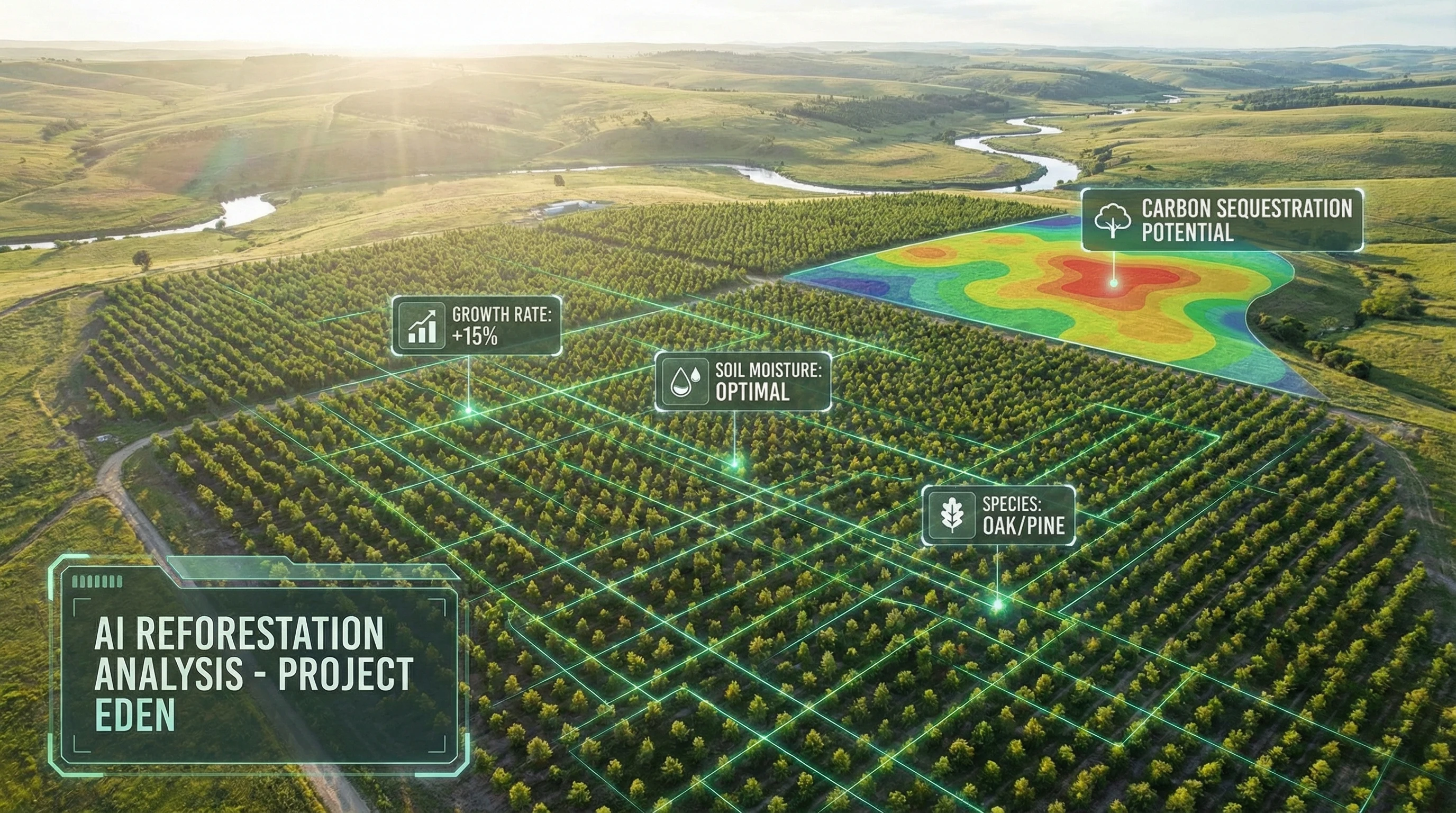 AI-driven Reforestation Strategies An aerial view of an AI-monitored forest restoration project with young saplings and data overlay graphics