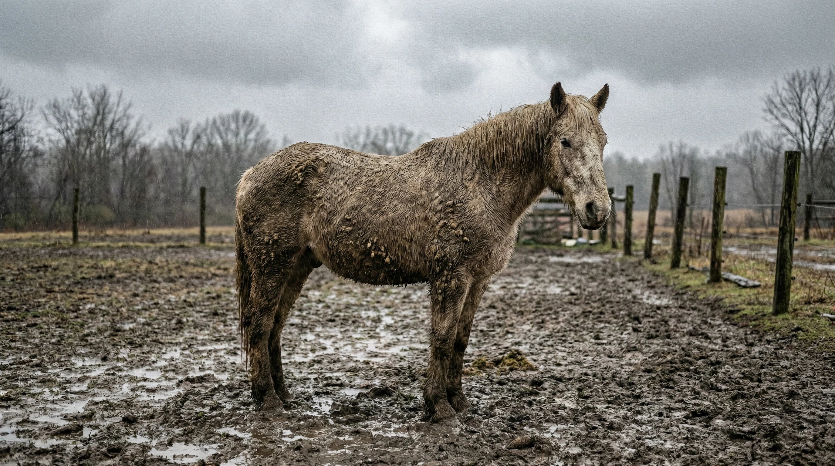 A horse with an unkempt coat standing in a muddy, barren paddock on a cloudy day.
