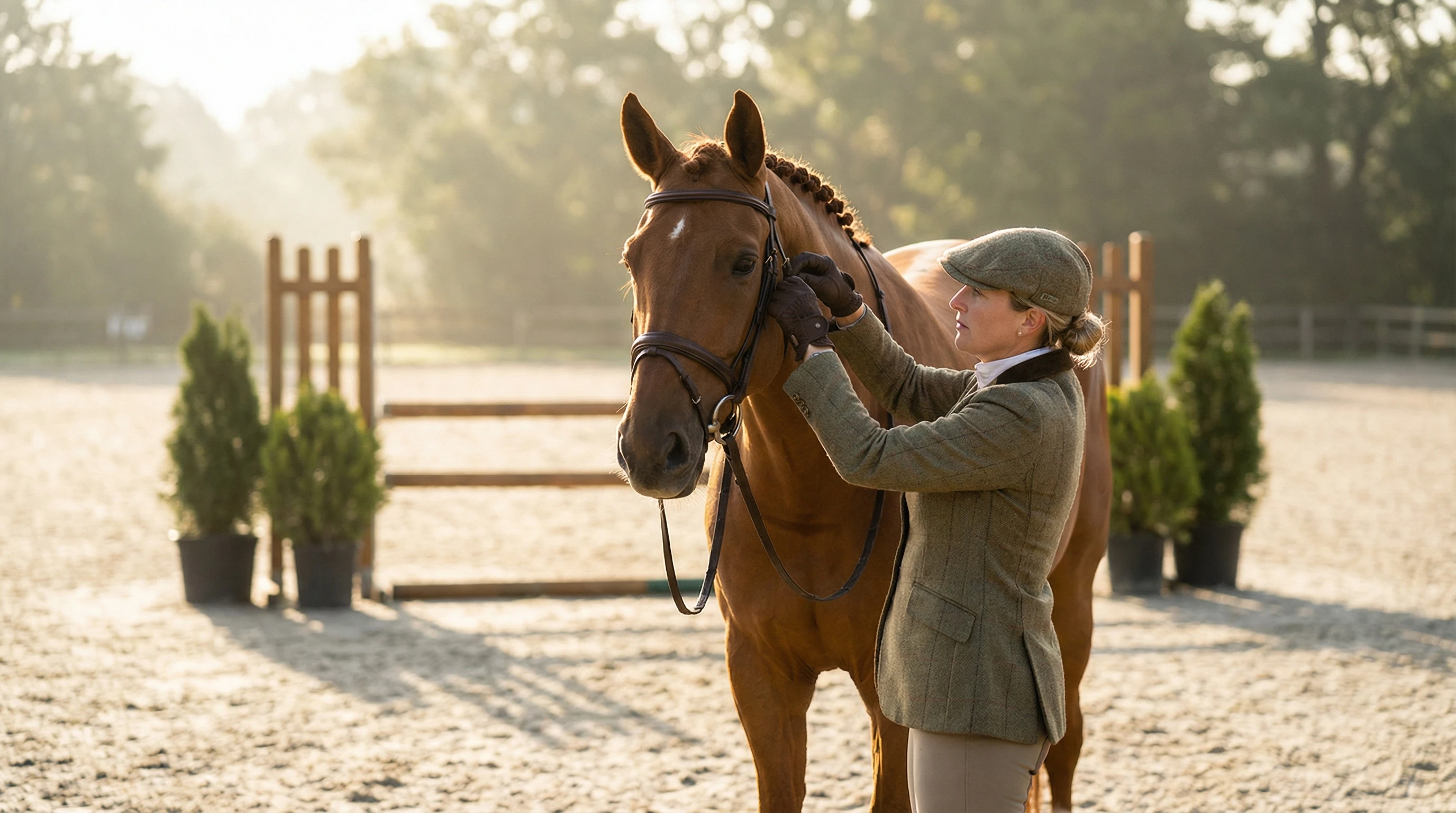 Horse trainer adjusting stirrups on a competition horse with arena background
