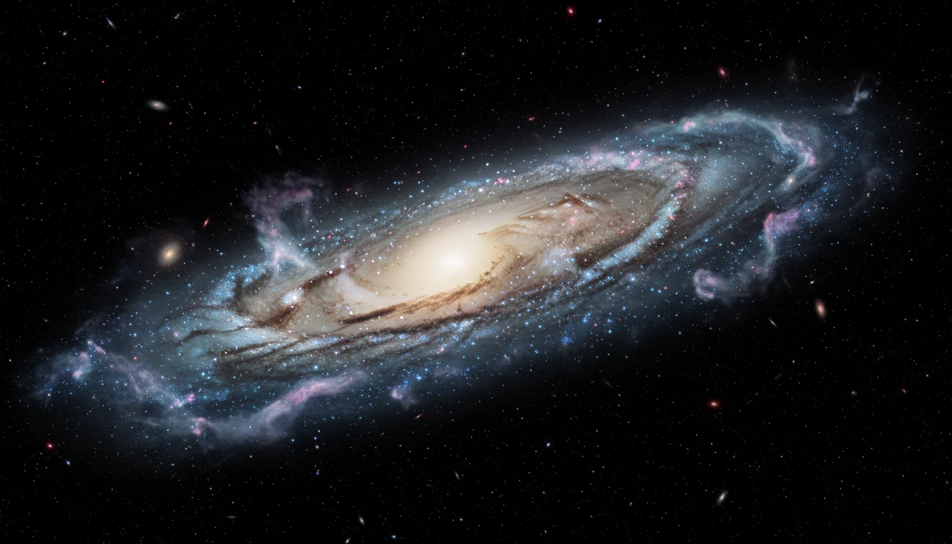 A swirling spiral galaxy in deep space, with faint glowing clouds surrounding it