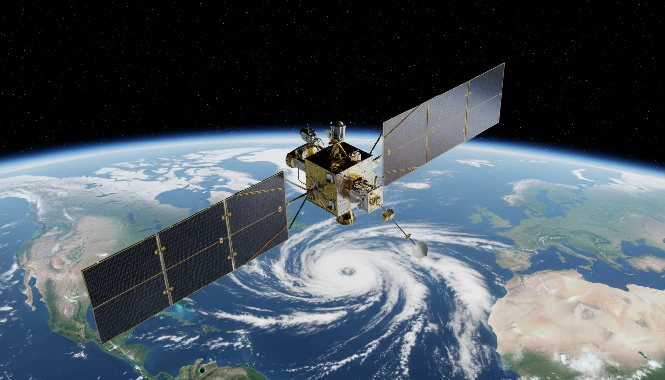 A satellite monitoring Earth's climate systems from space, with visible landmasses, clouds, and forests below.