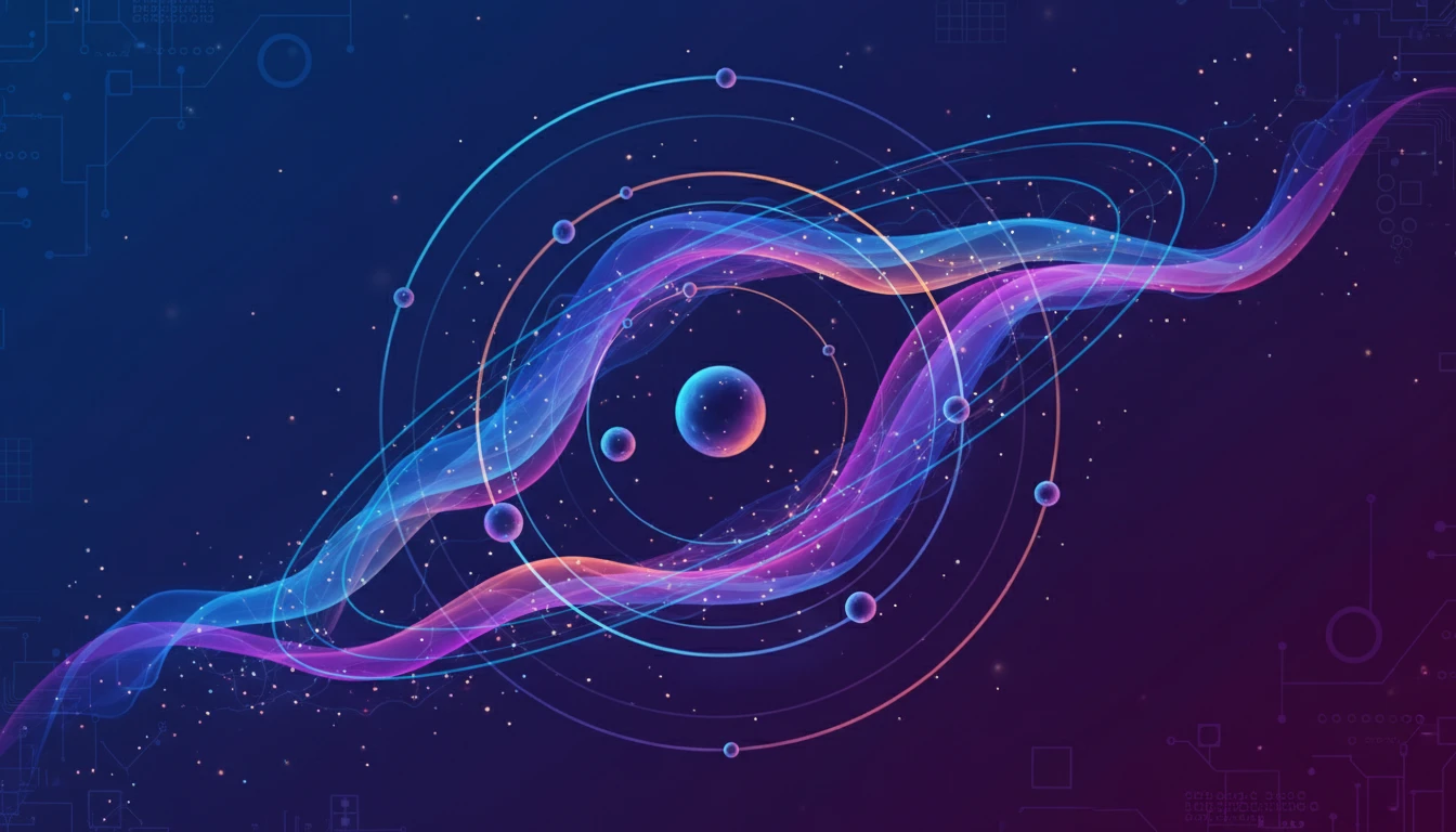 An abstract illustration showing atoms and particles, with waves and glowing orbits, set against a deep blue and purple science background.