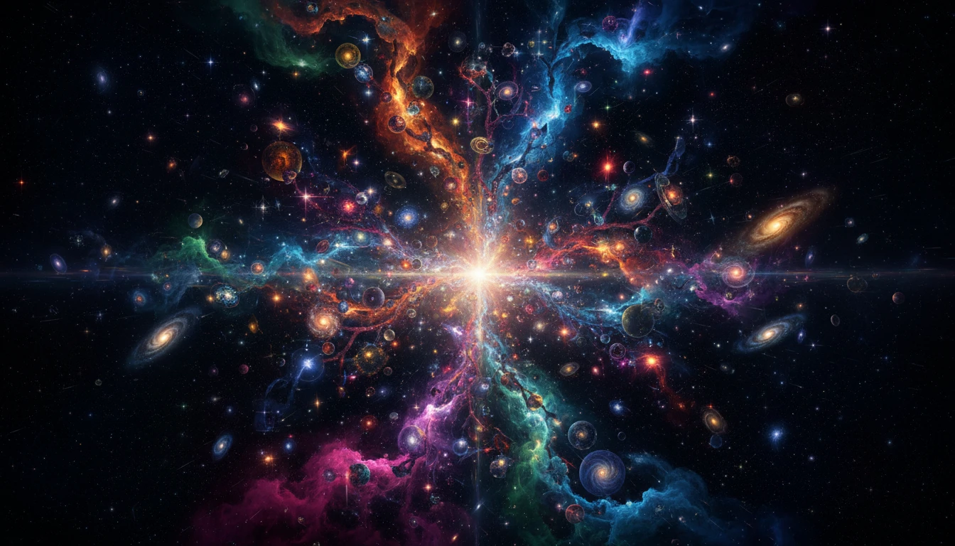 A colorful view of branching parallel universes or worlds in a cosmic space, with stars and glowing nebulae.