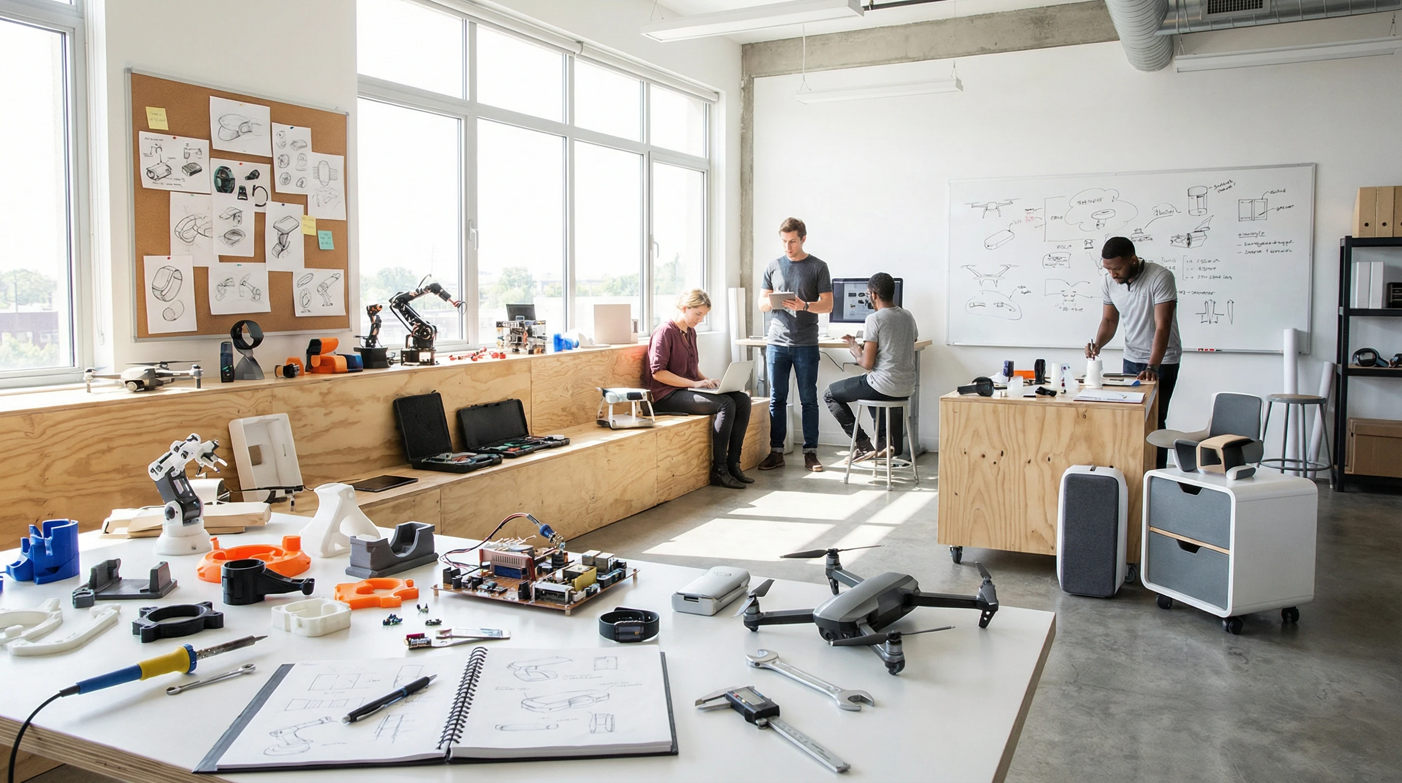 A workshop filled with product prototypes, sketches, and modern tools for inventors