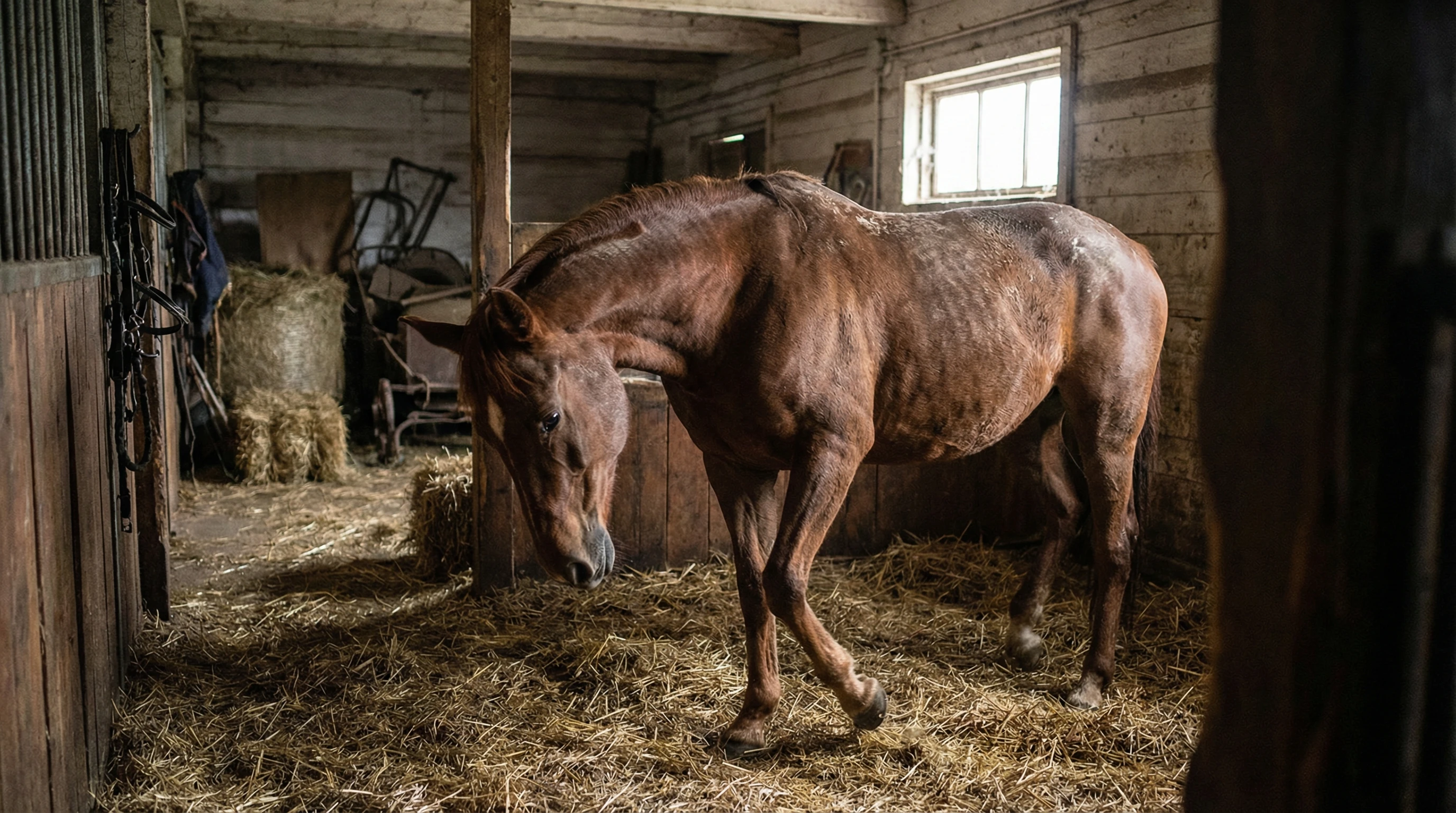A calm horse standing in a stable, subtly showing discomfort with its posture