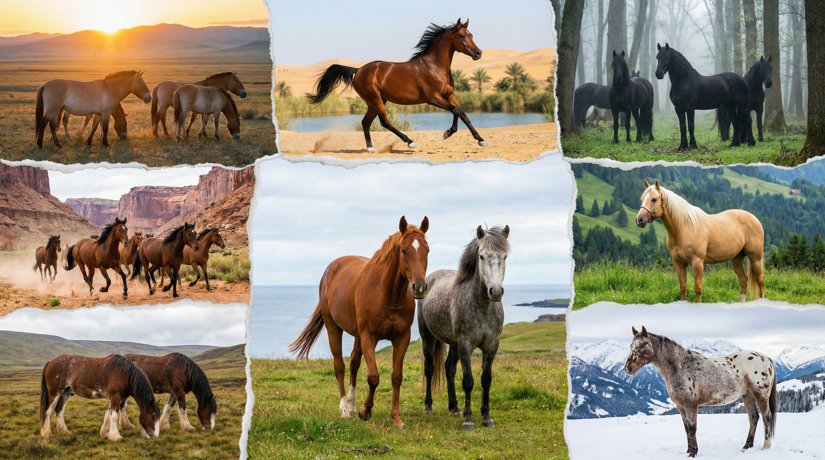 A collage showing historic and modern horse breeds in natural landscapes