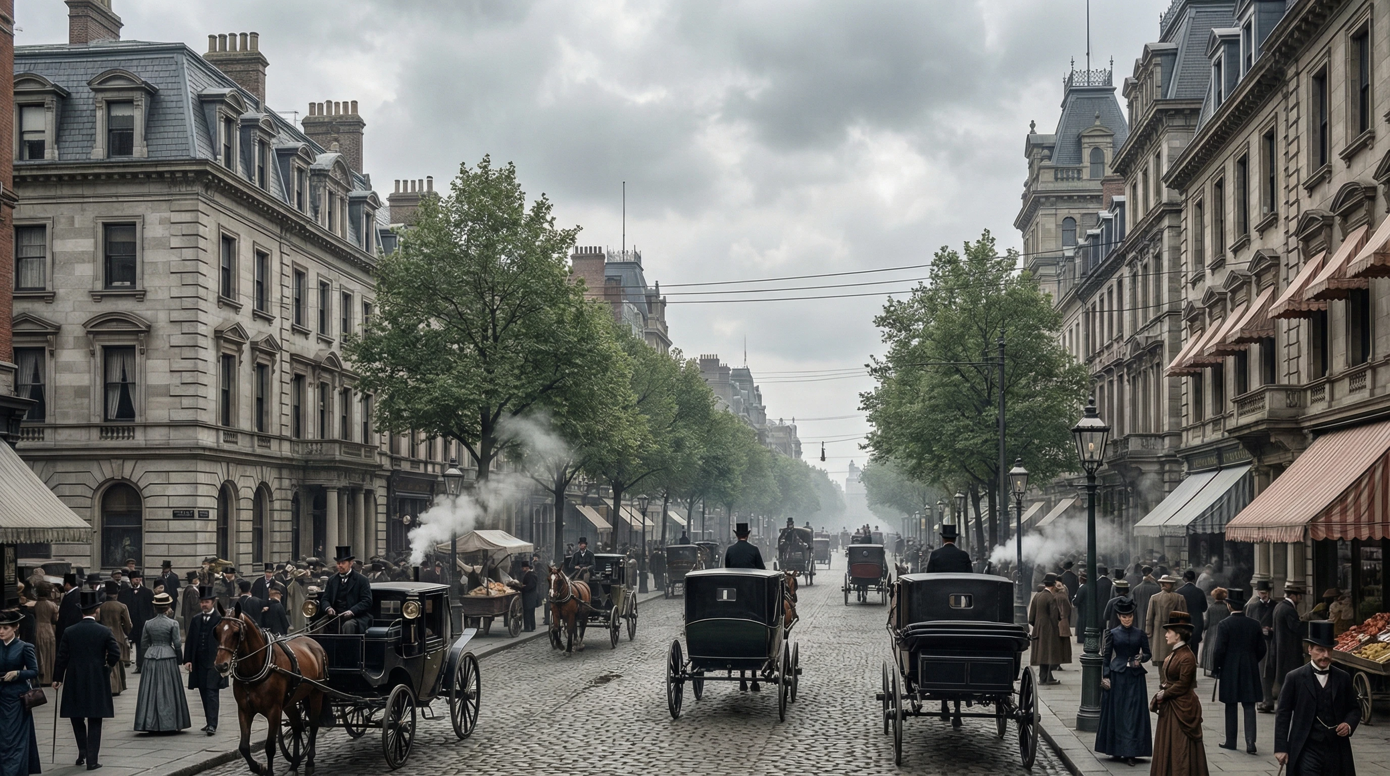 Horse-drawn carriages lined up on a city street, surrounded by ornate buildings and greenery. Several carriages of different styles are shown, each harnessed to well-groomed carriage horses.