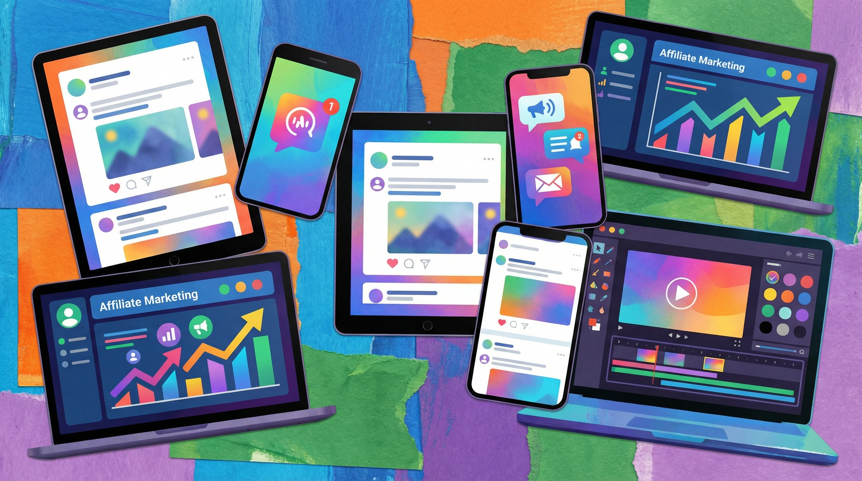 Emerging Trends In Affiliate Marketing For Creators 2 Colorful collage showing social media platforms, affiliate dashboards, mobile notifications, and creator content interfaces