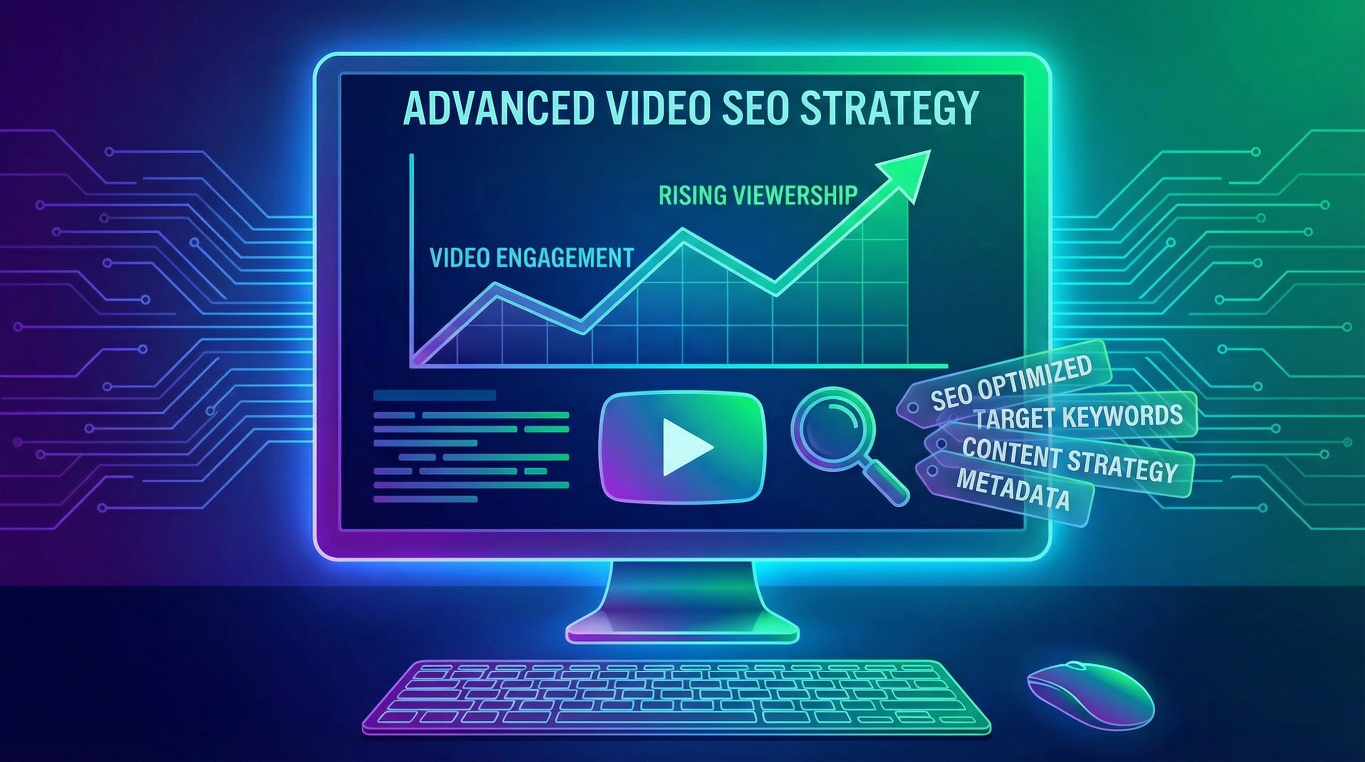 video SEO strategy concept diagram with icons for ranking factors and analytics