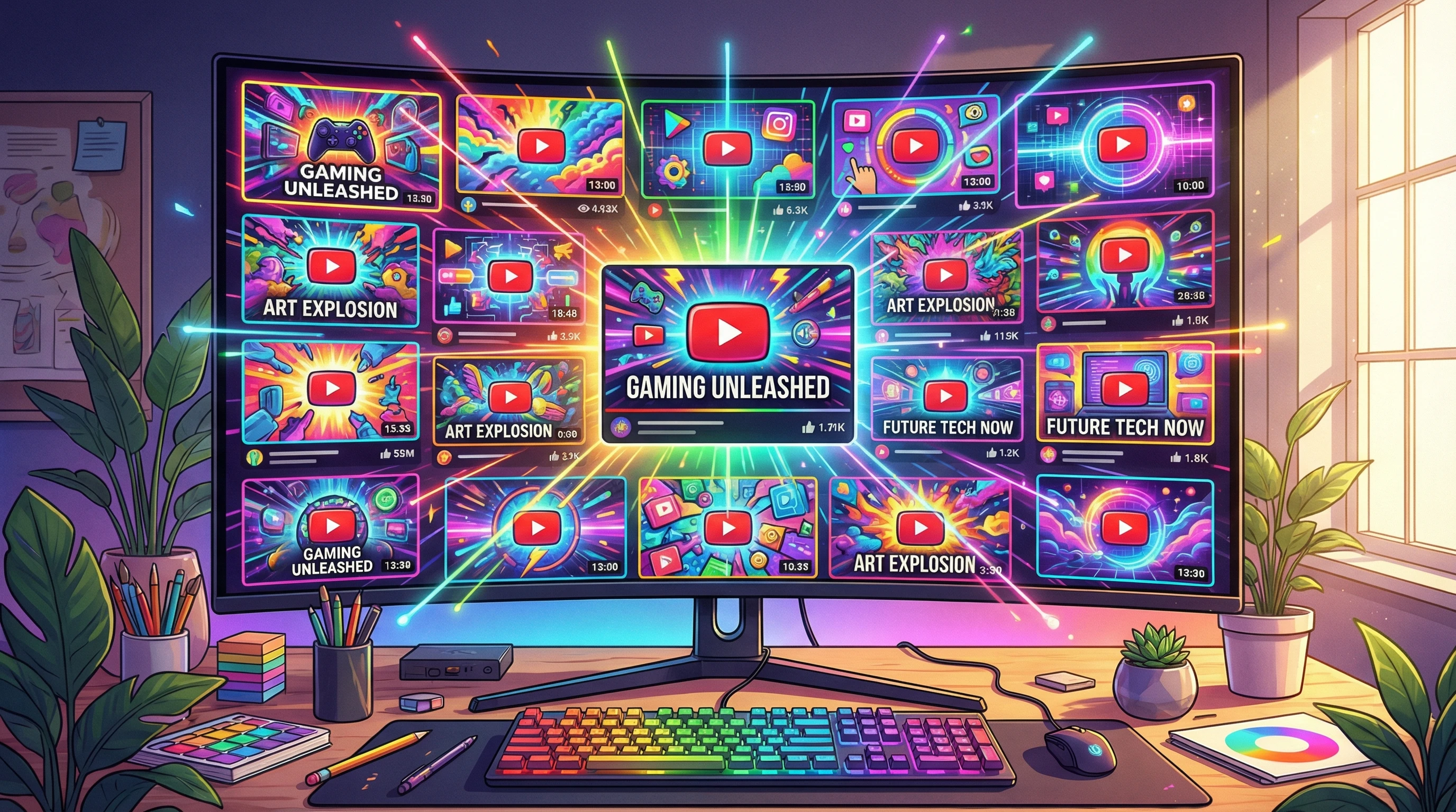 Checklist For Creating Engaging Video Thumbnails And Titles 1 Bright and colorful array of video thumbnails and titles displayed on a clean workspace background.