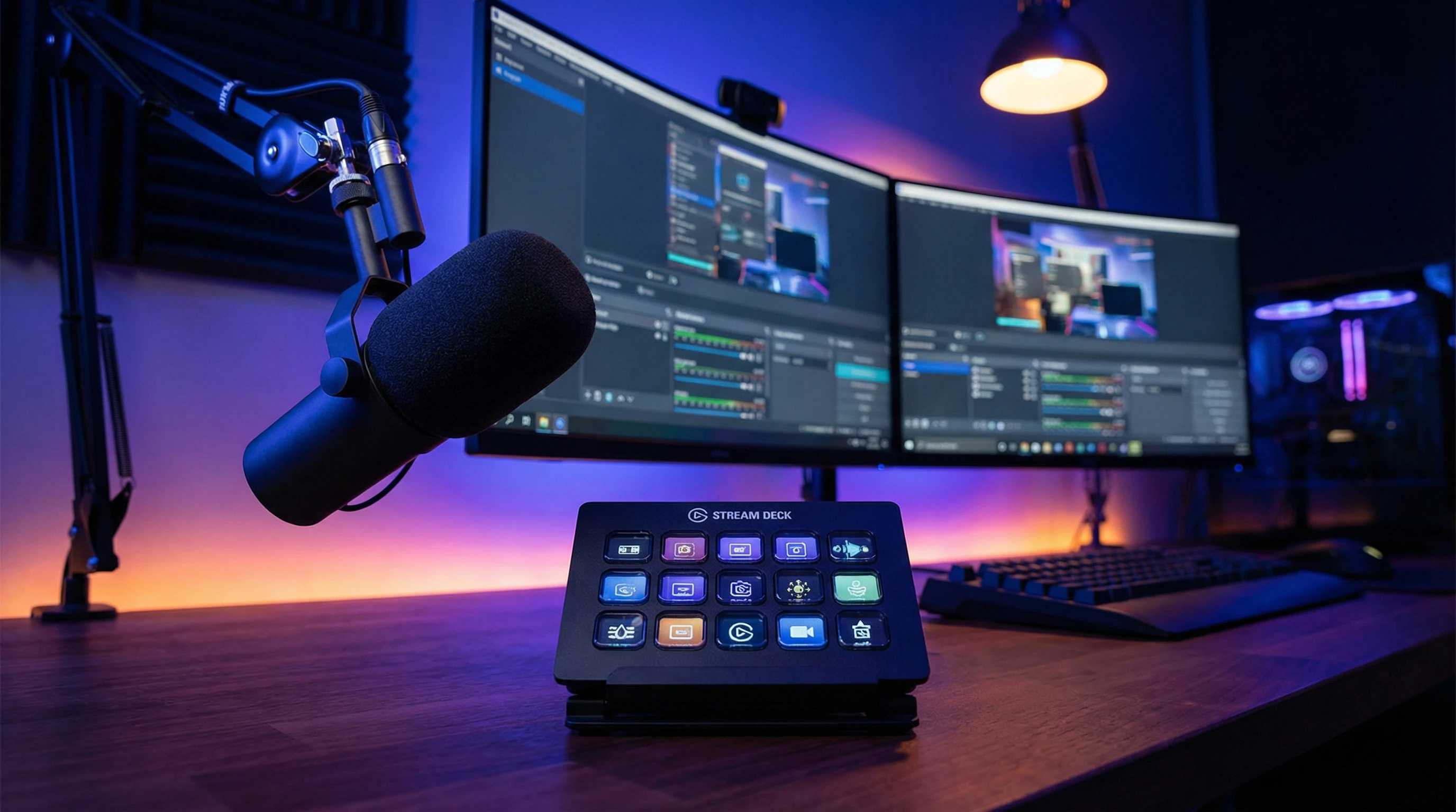 Elgato Stream Deck on a workspace with microphone and streaming setup