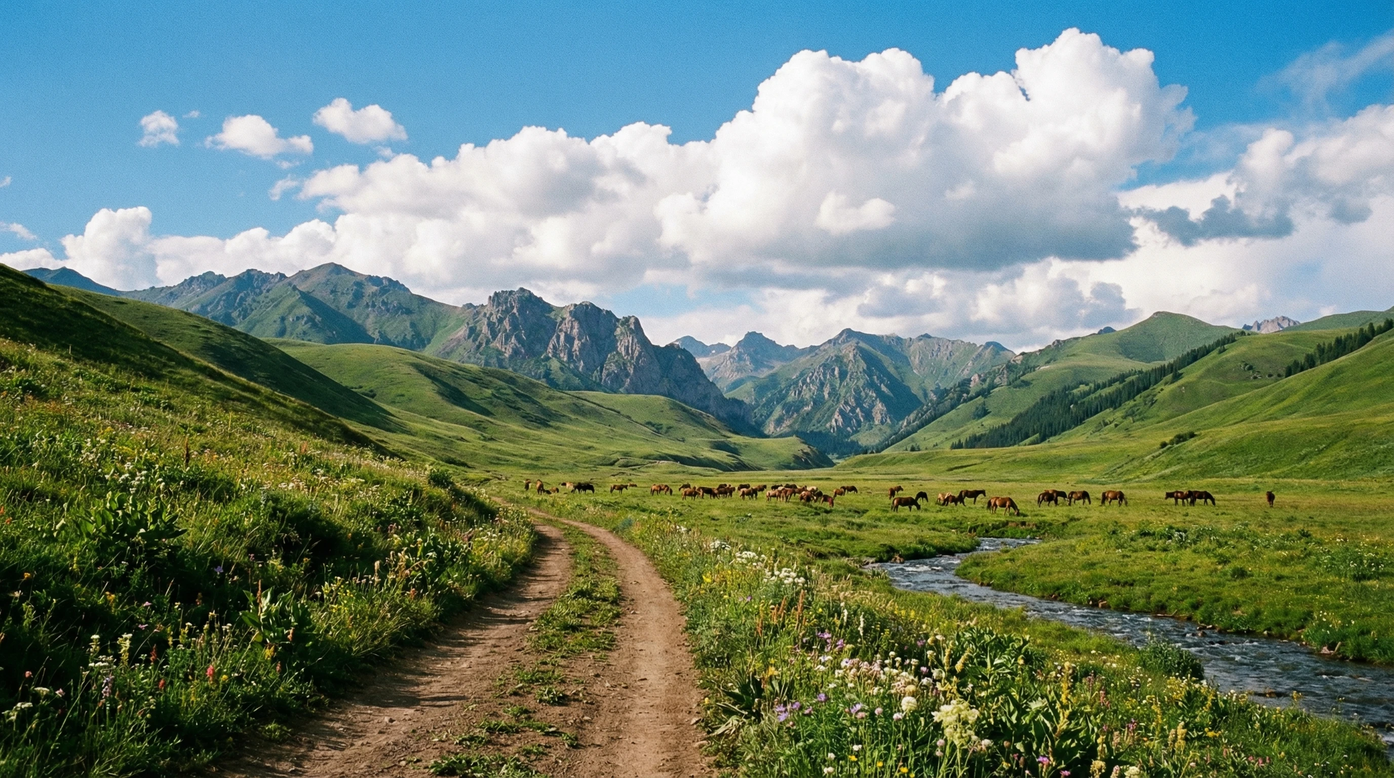 Scenic horse trail winding through green mountain landscape with forest and open fields, horses grazing in the distance