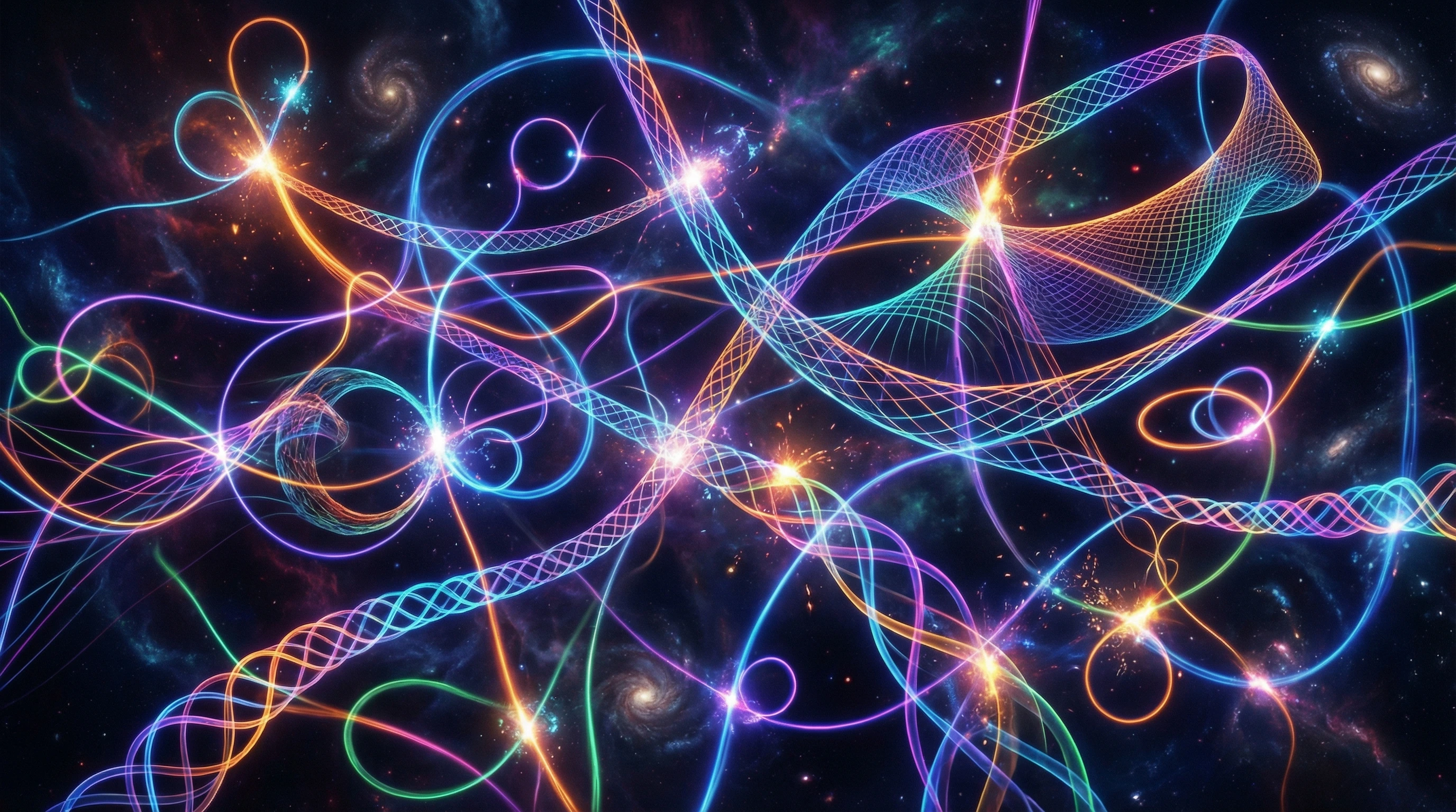 Visualization of abstract strings representing string theory in theoretical physics. Quantum lines and vibrant multicolored curves on a dark background.