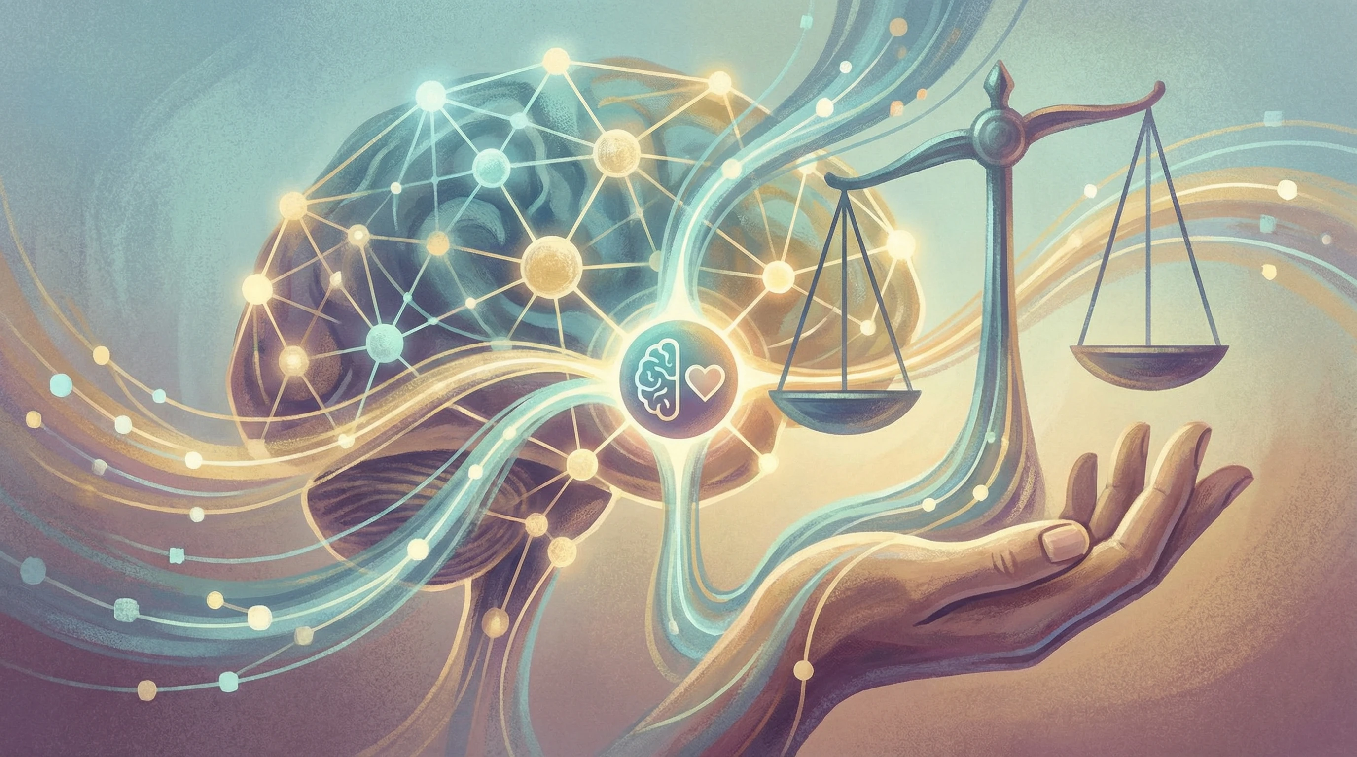 An abstract digital illustration representing artificial intelligence and ethical decision-making, featuring interconnected glowing data nodes and a soft, balanced color palette.