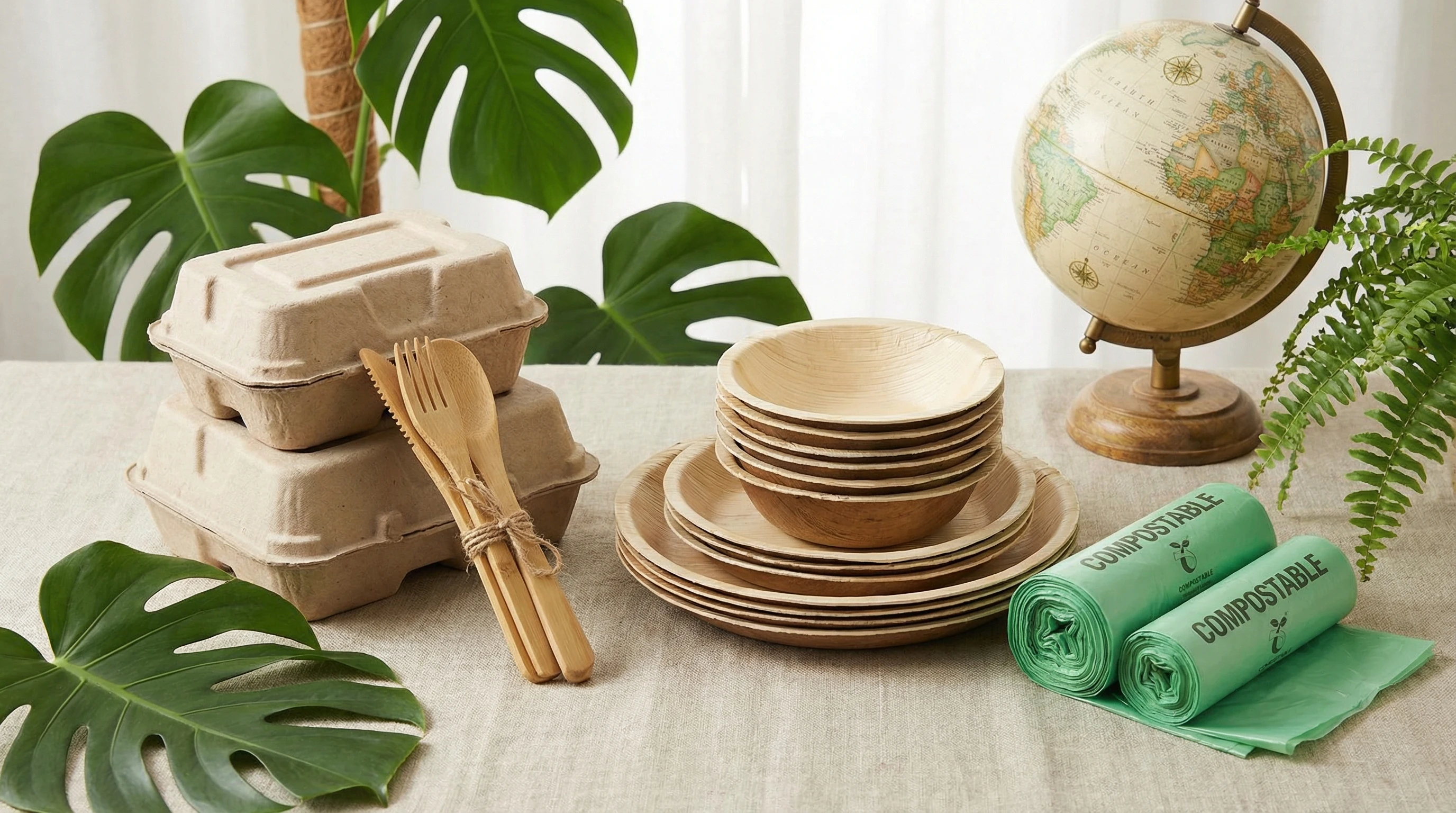 A variety of biodegradable products, like ecofriendly packaging, compostable bags, and utensils, arranged on a neutral backdrop. A globe and plant leaves are nearby to show global impact and environmental focus.