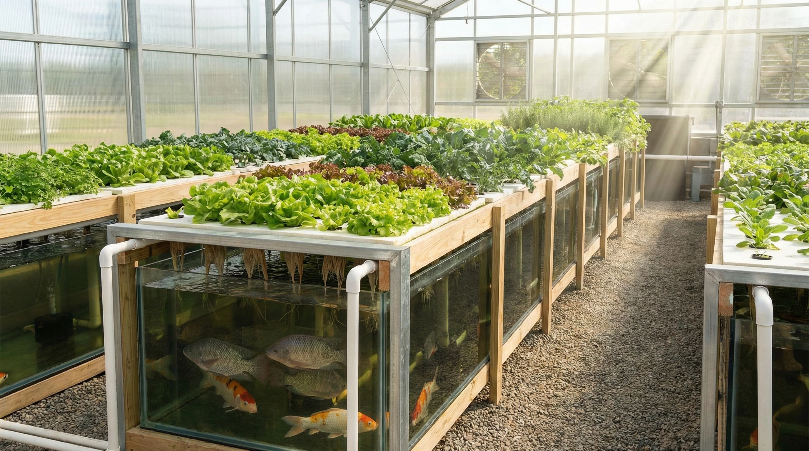Aquaponics system with plants and fish in an indoor farm