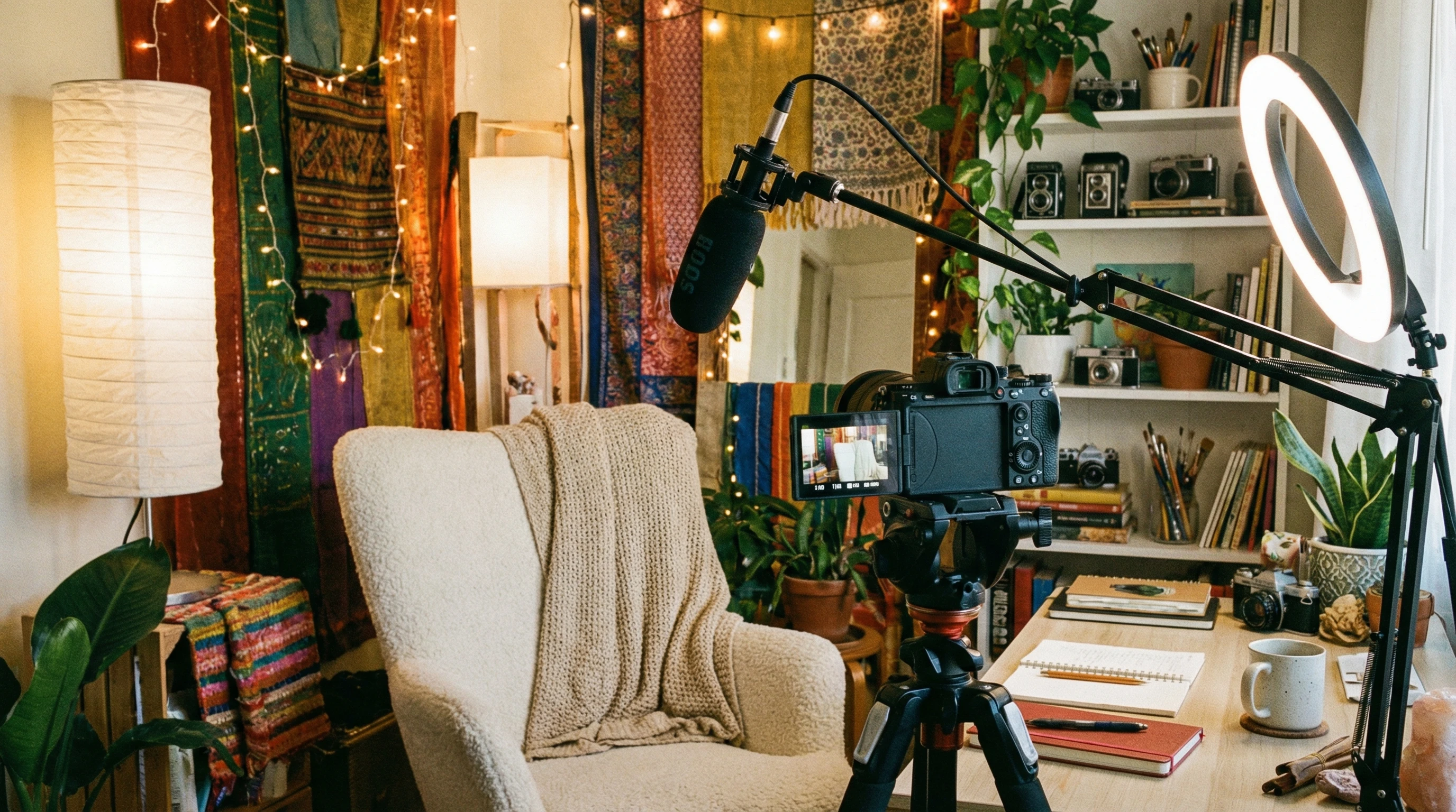 Motivational Stories And Advice For Vloggers 1 A cozy home vlogging setup with camera, mic, soft lighting, colorful backdrop, and creative props. No humans or text.