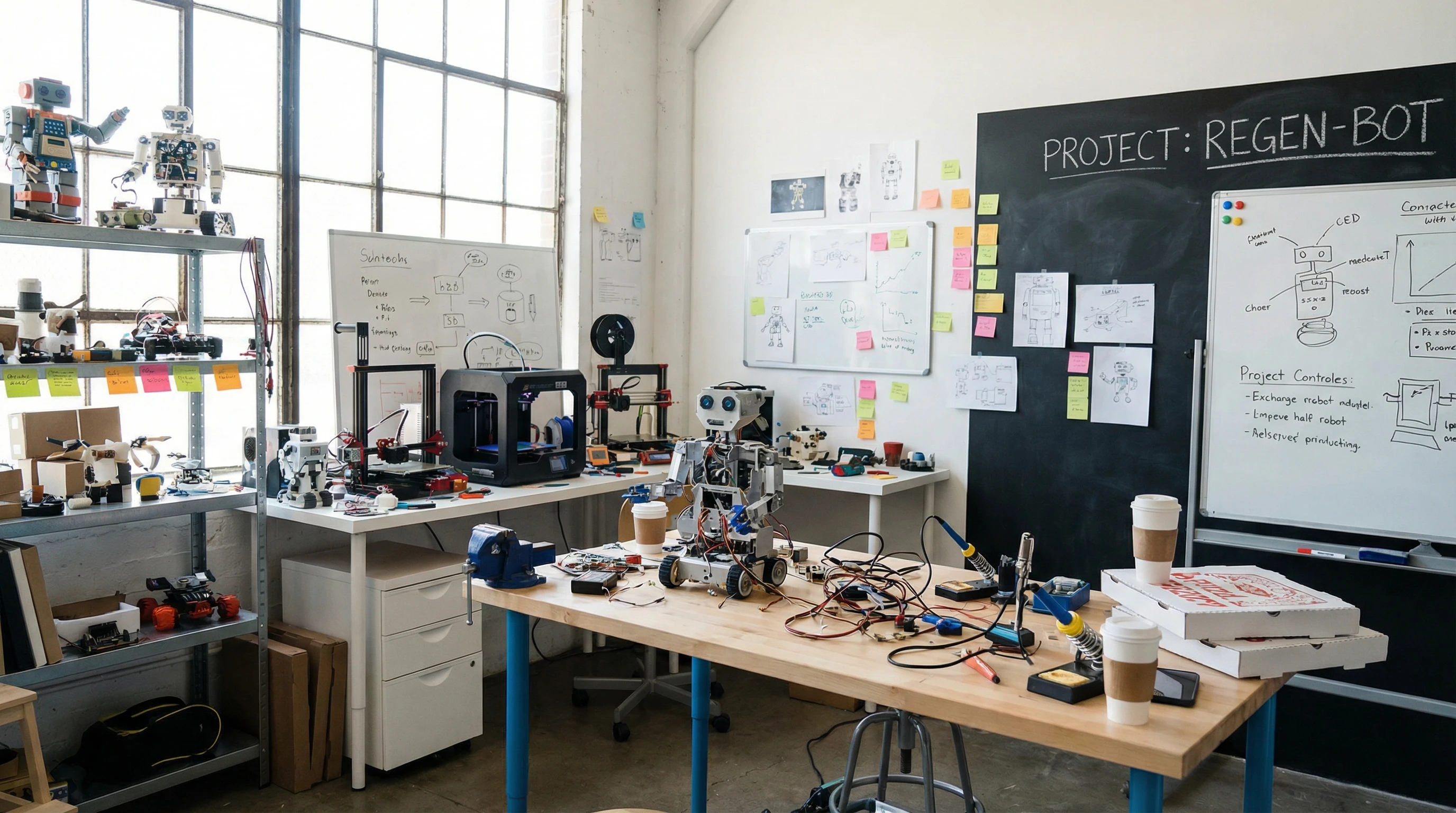 A creative workspace filled with prototypes, tools, and notes for a startup invention project.