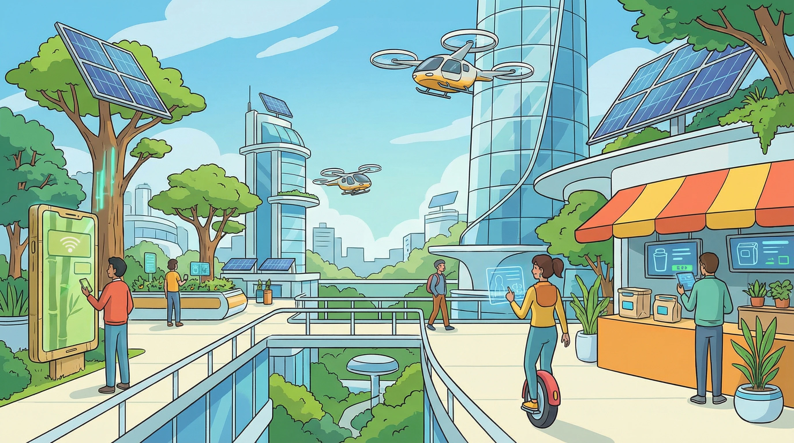 Illustration of modern inventions including gadgets, eco-tech, and robotics