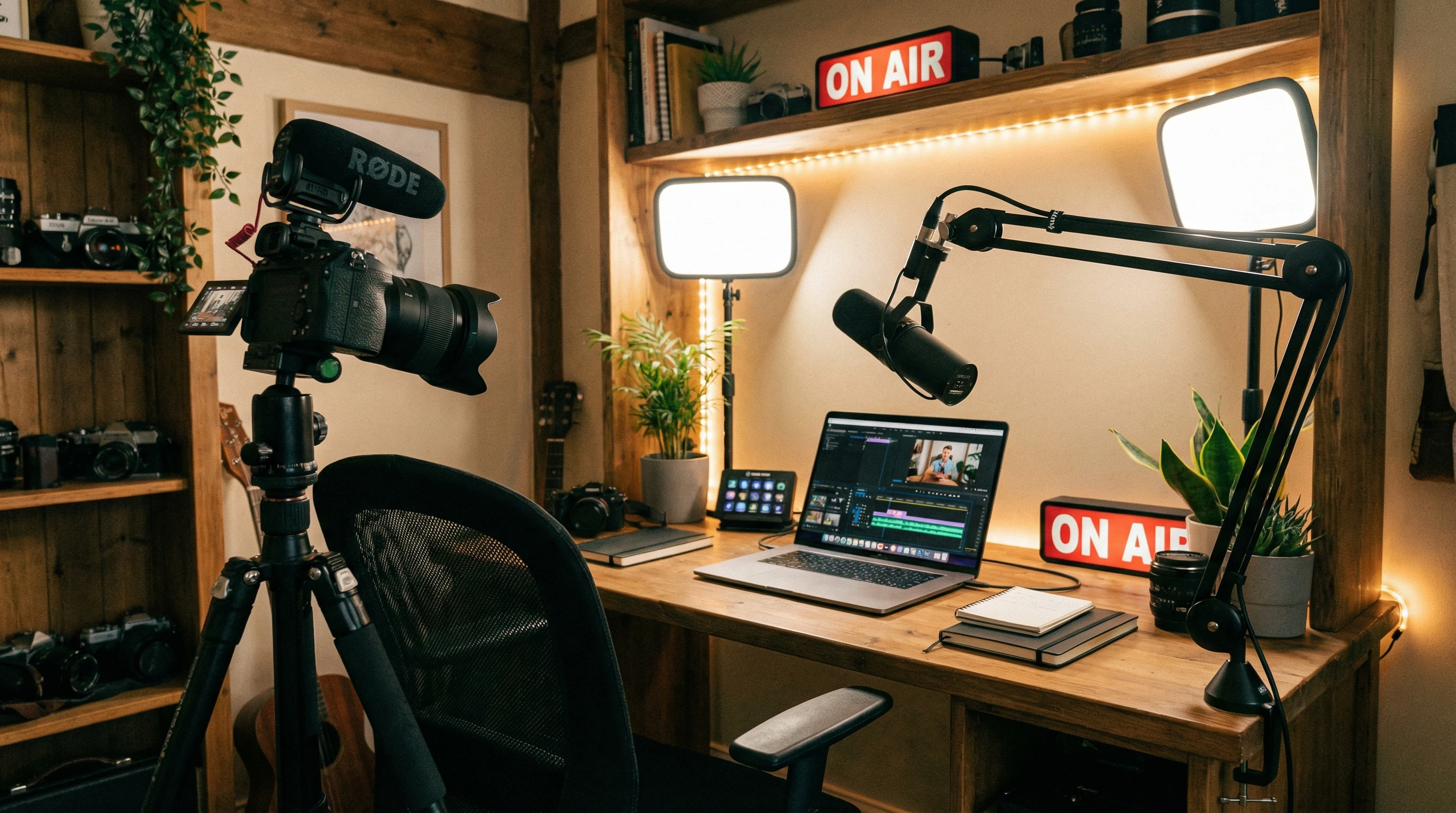 a creative desk setup with a camera, laptop, microphone, and lights, ready for vlogging