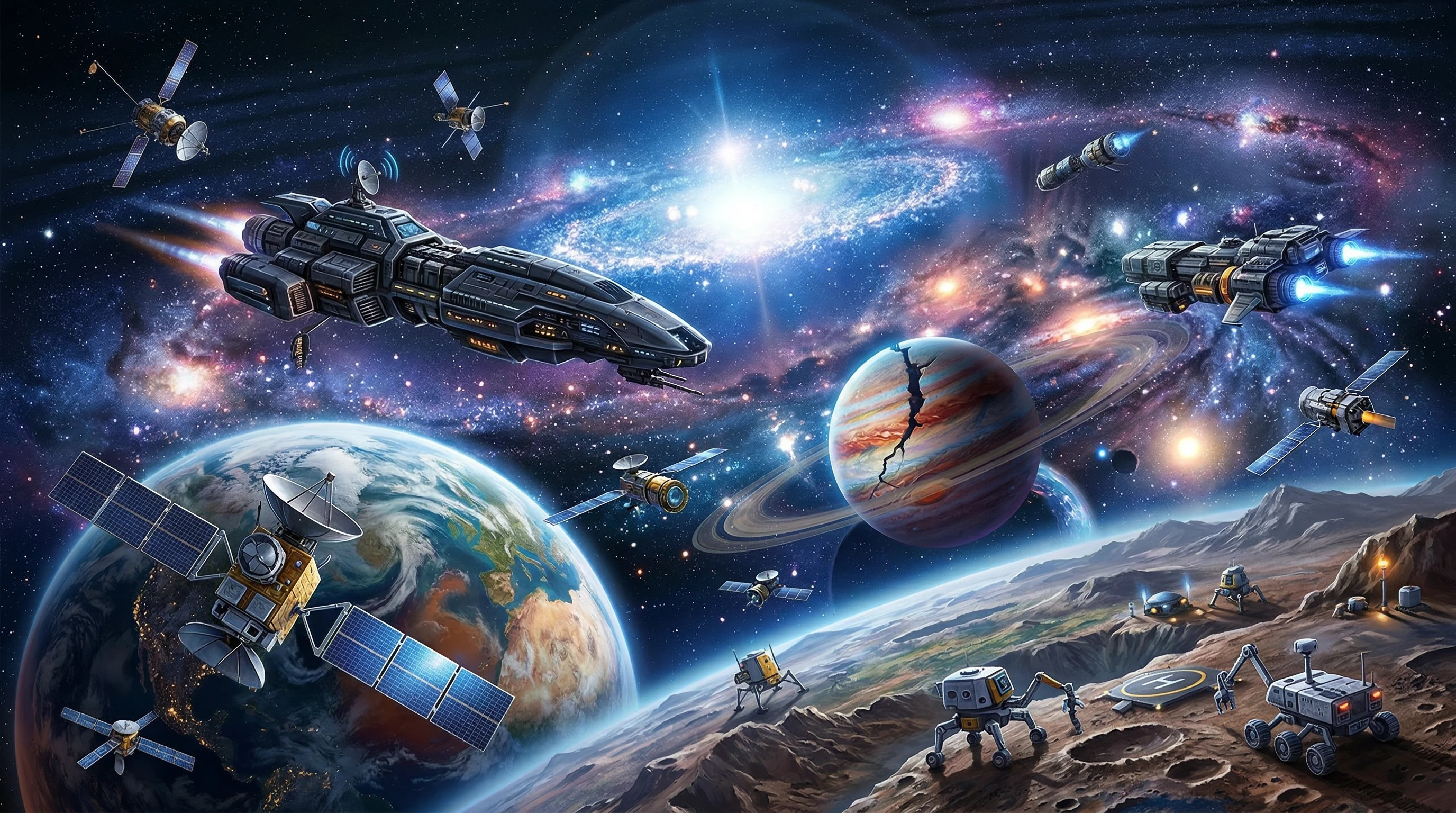 An array of futuristic spacecraft, satellites, and probes in deep space, with distant galaxies and planets in the background.