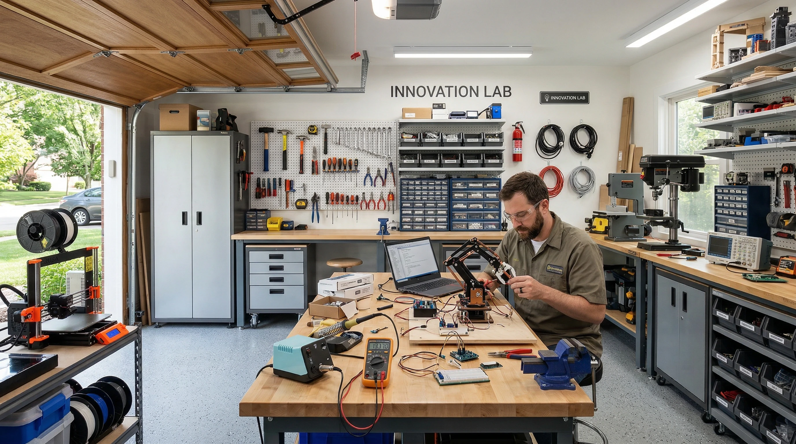 A clean garage converted into an organized innovation lab, featuring neatly arranged tools, electronic parts, workbenches, storage cabinets, and a DIY project in progress on the table.