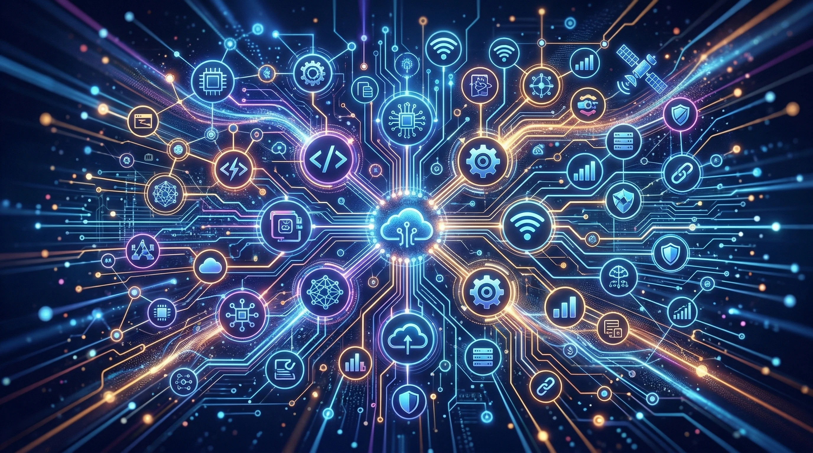 abstract illustration showing interconnected digital nodes and tech logos for partnerships
