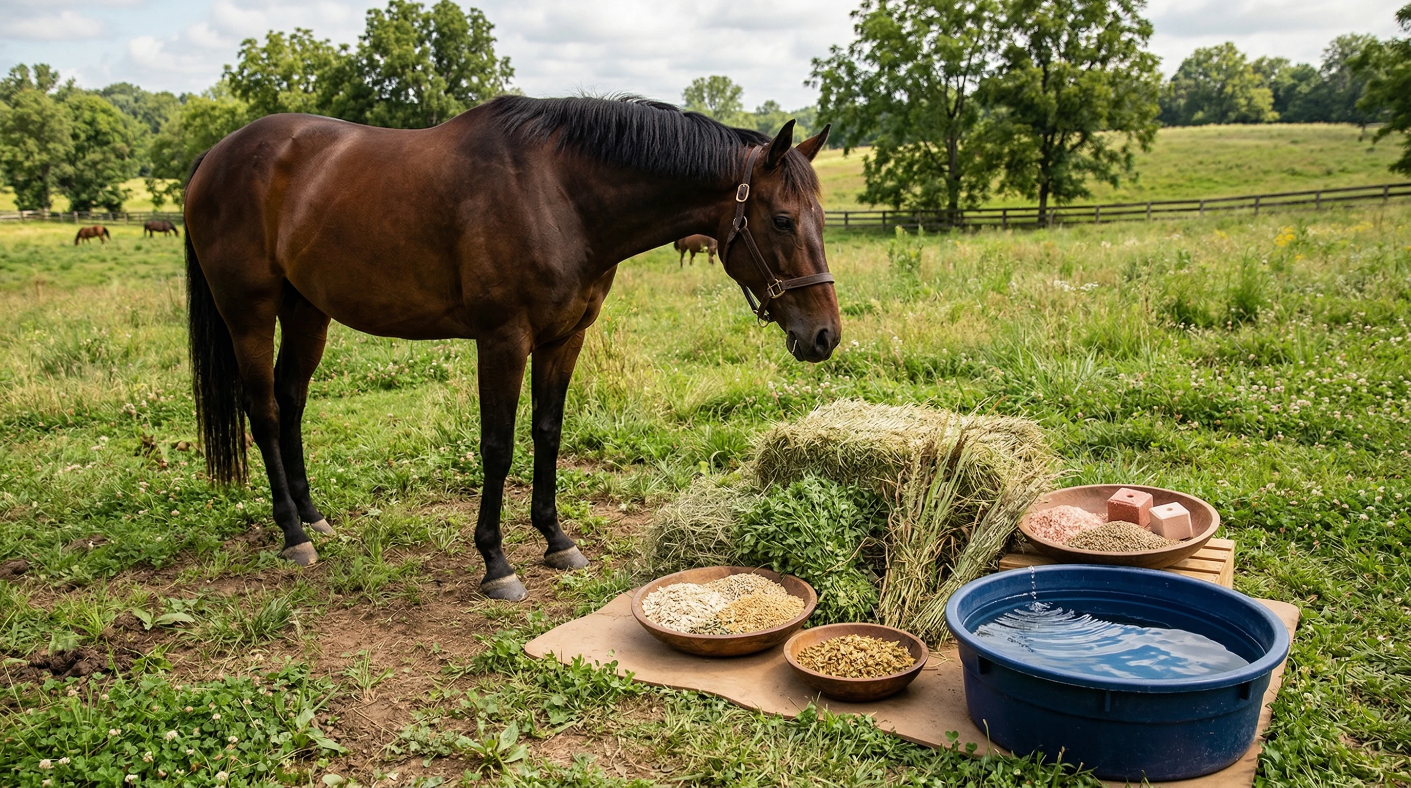 A selection of forage, grains, minerals, and fresh water laid out in front of a healthy horse in a pasture.