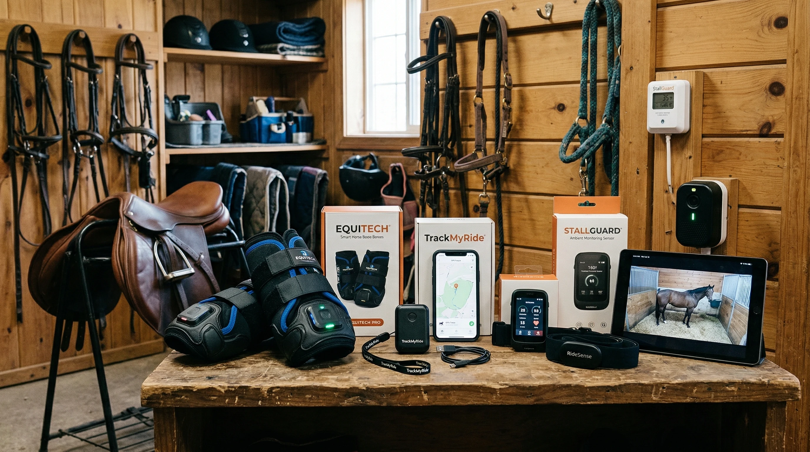 A selection of modern equine technology devices and gear, including smart horse boots, GPS trackers, digital riding aids, and stable monitoring sensors arranged in a tack room.