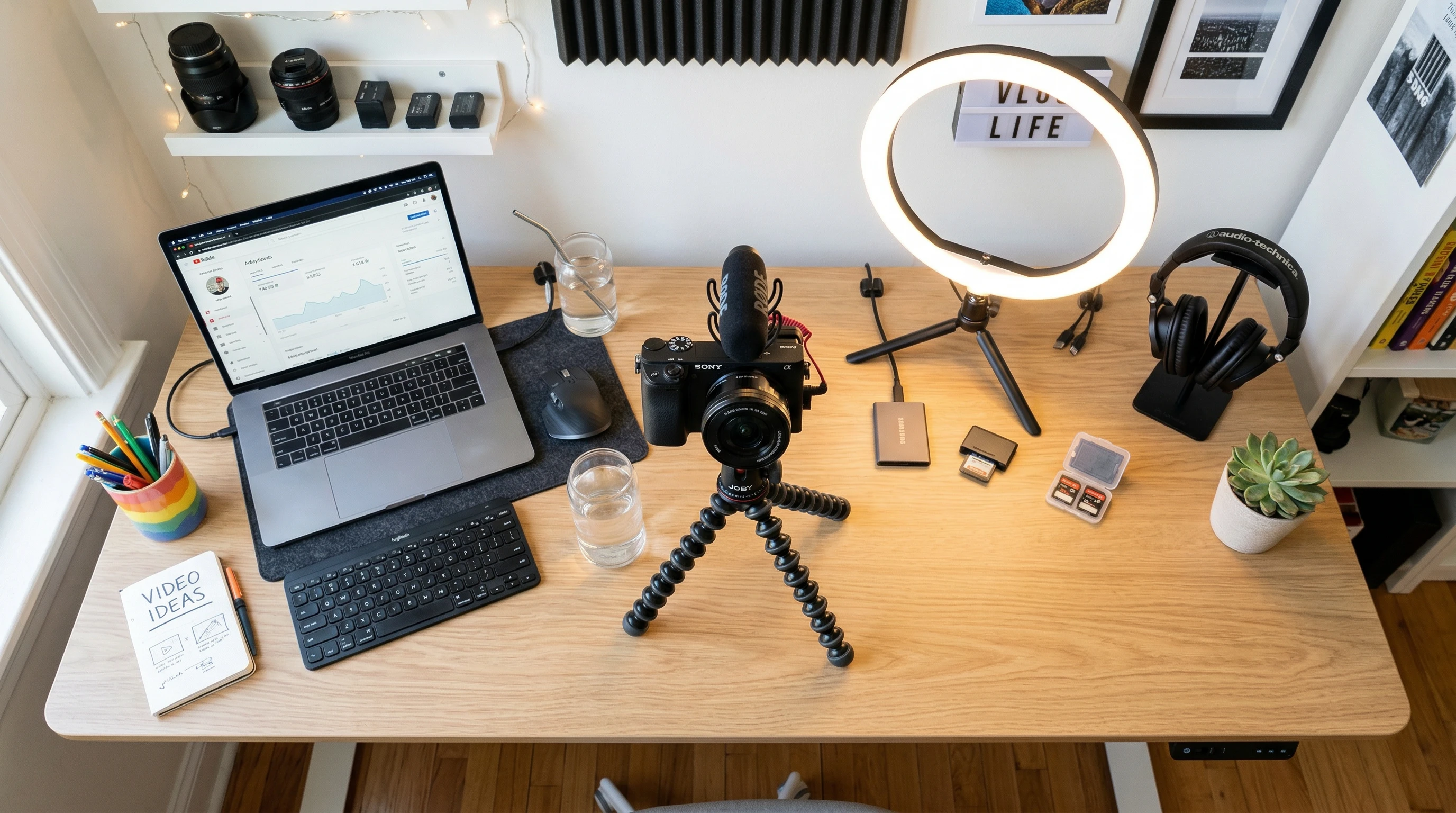 A bright, organized vlogging workspace with a camera, lights, and tech gadgets on a neat desk.