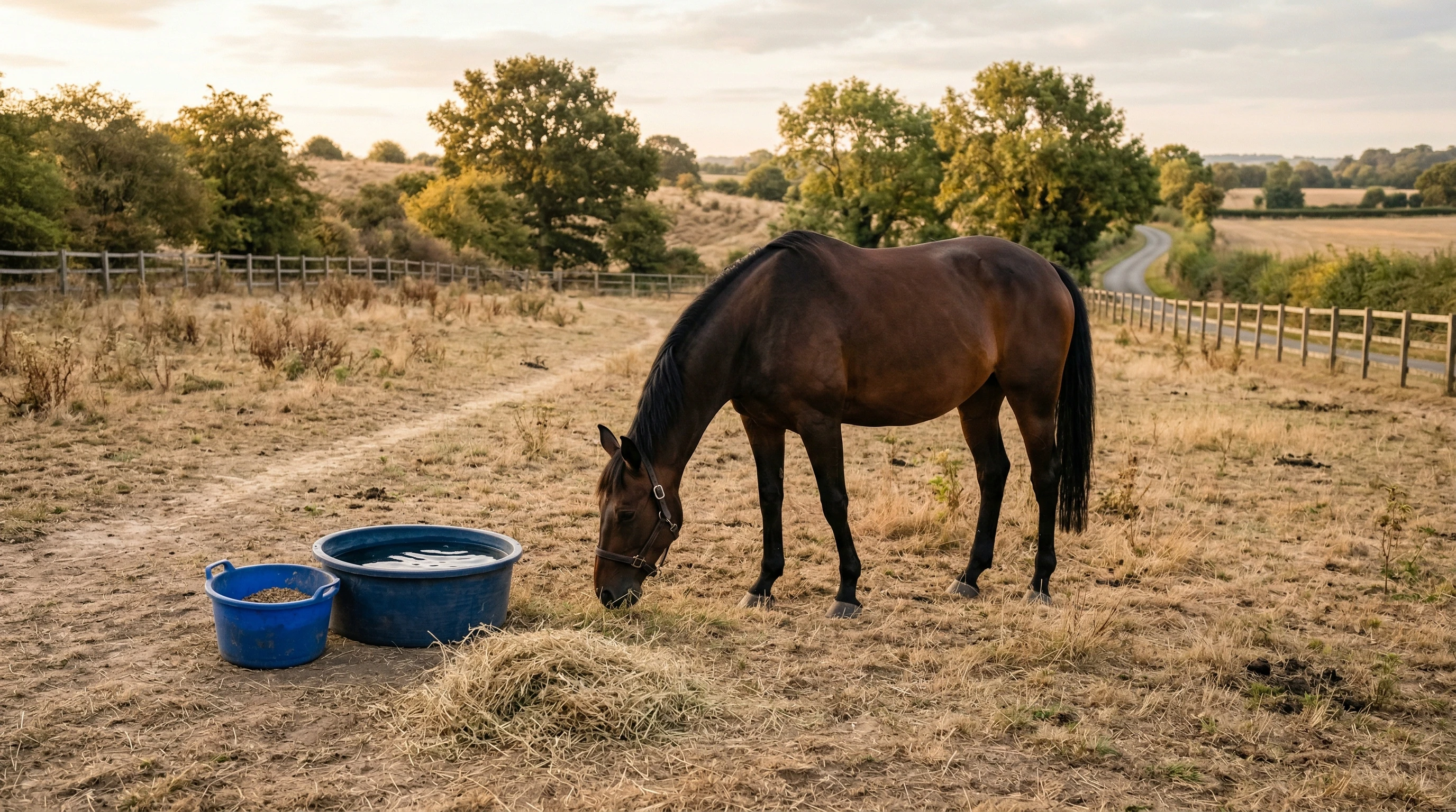 A well-kept horse grazing on a sparse, dry grass paddock with a feed bucket, low-sugar hay, and water nearby under soft morning light