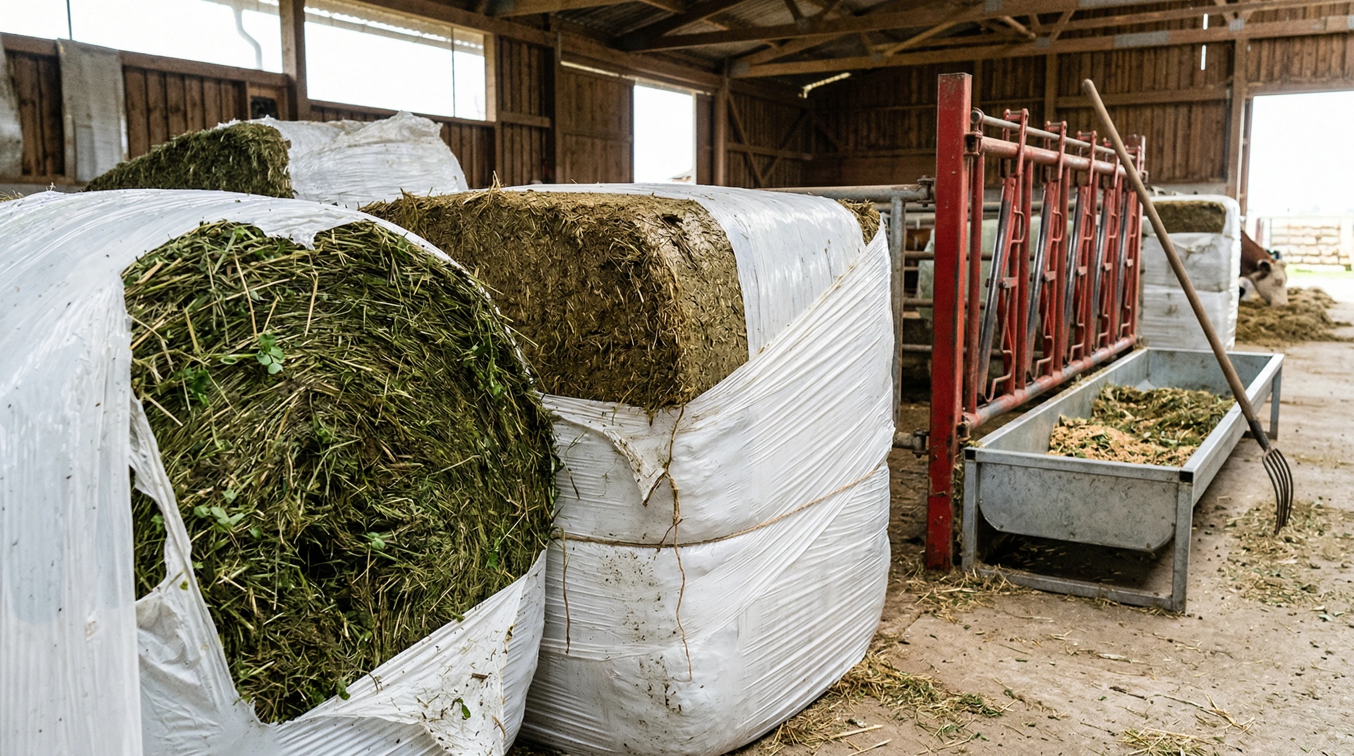 A close-up of various types of fermented forage, such as haylage and silage in bales, in a well-ventilated barn environment, with clean feeding equipment nearby