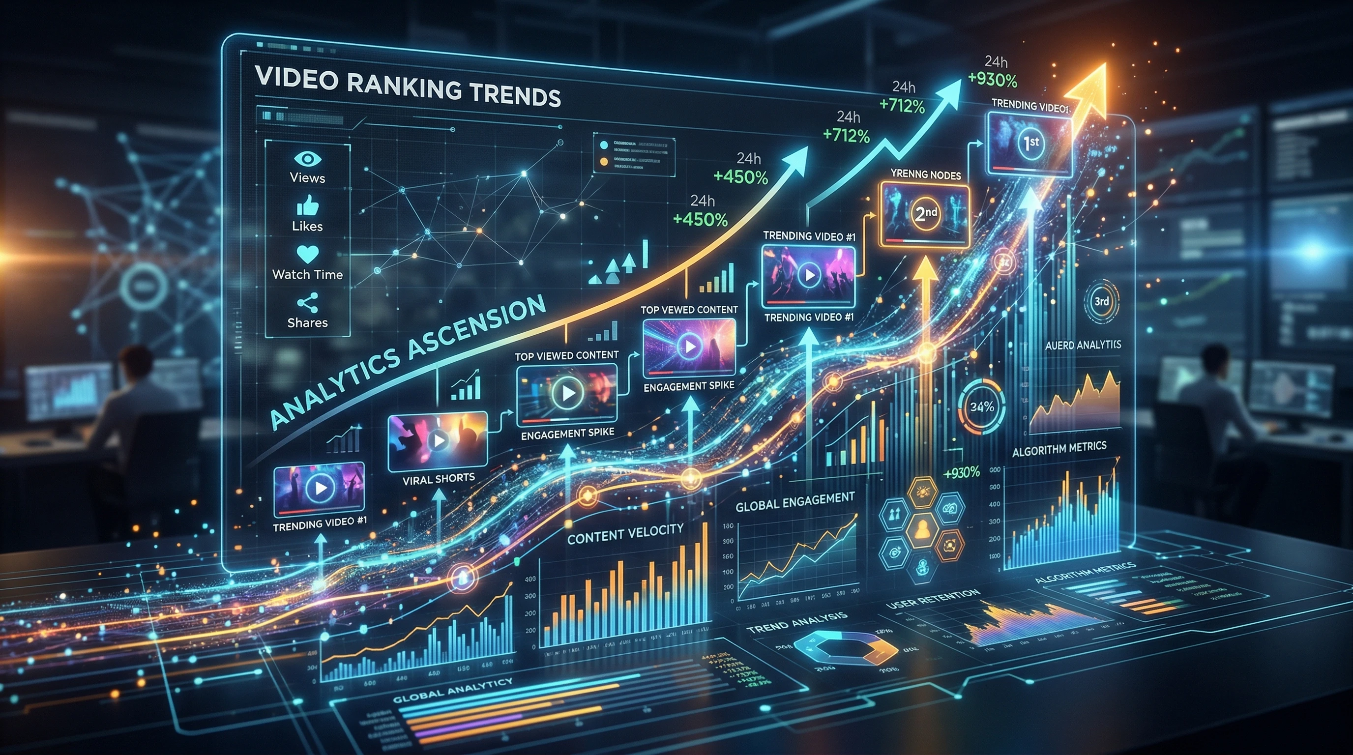 Predicting Future Trends In Video Ranking 1 An abstract visualization of data and video analytics rising on a digital interface, representing video ranking trends.